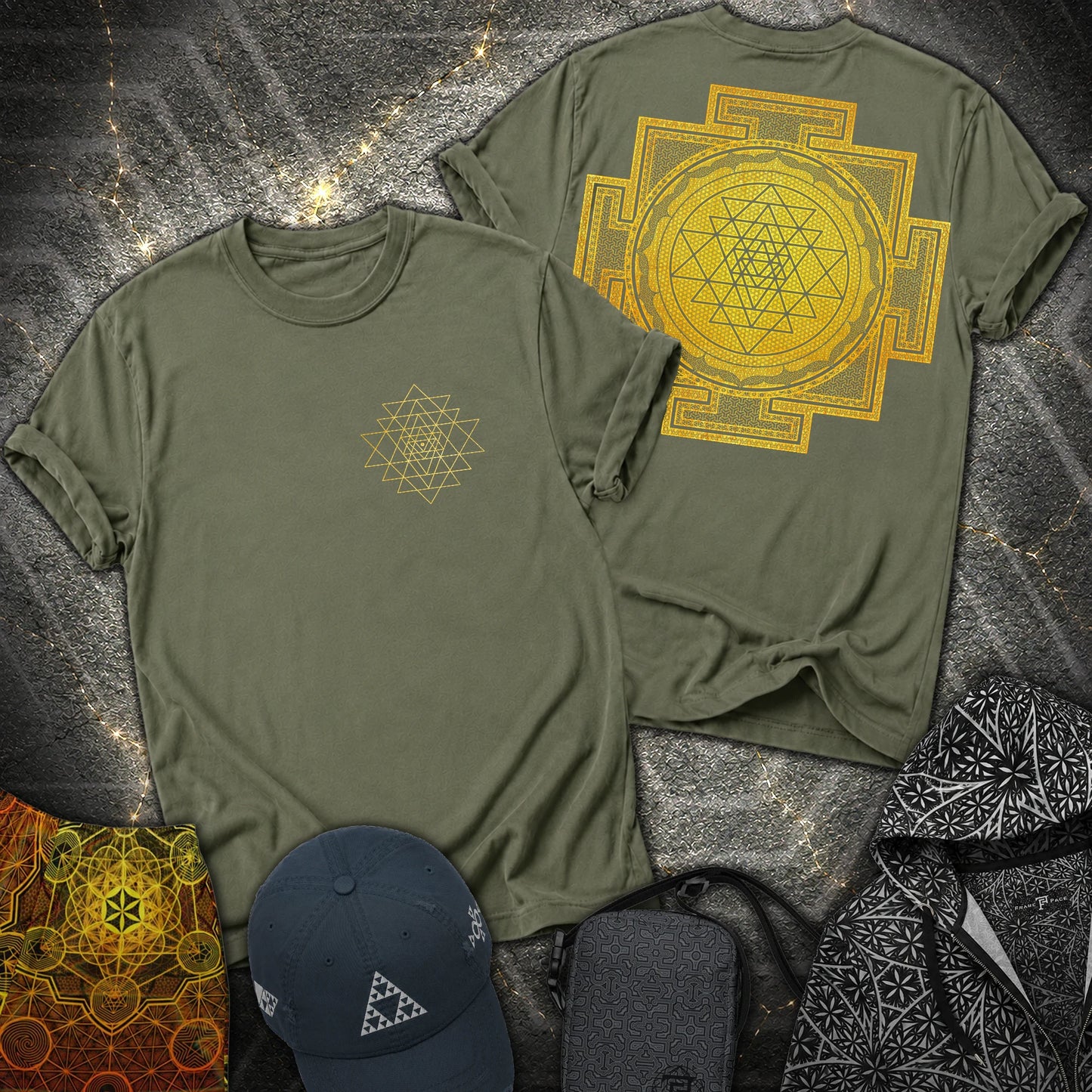 Sri Yantra Patterns 2 Sided T-Shirt - Sri Yantra Patterns 2 Sided T-Shirt - Military Green