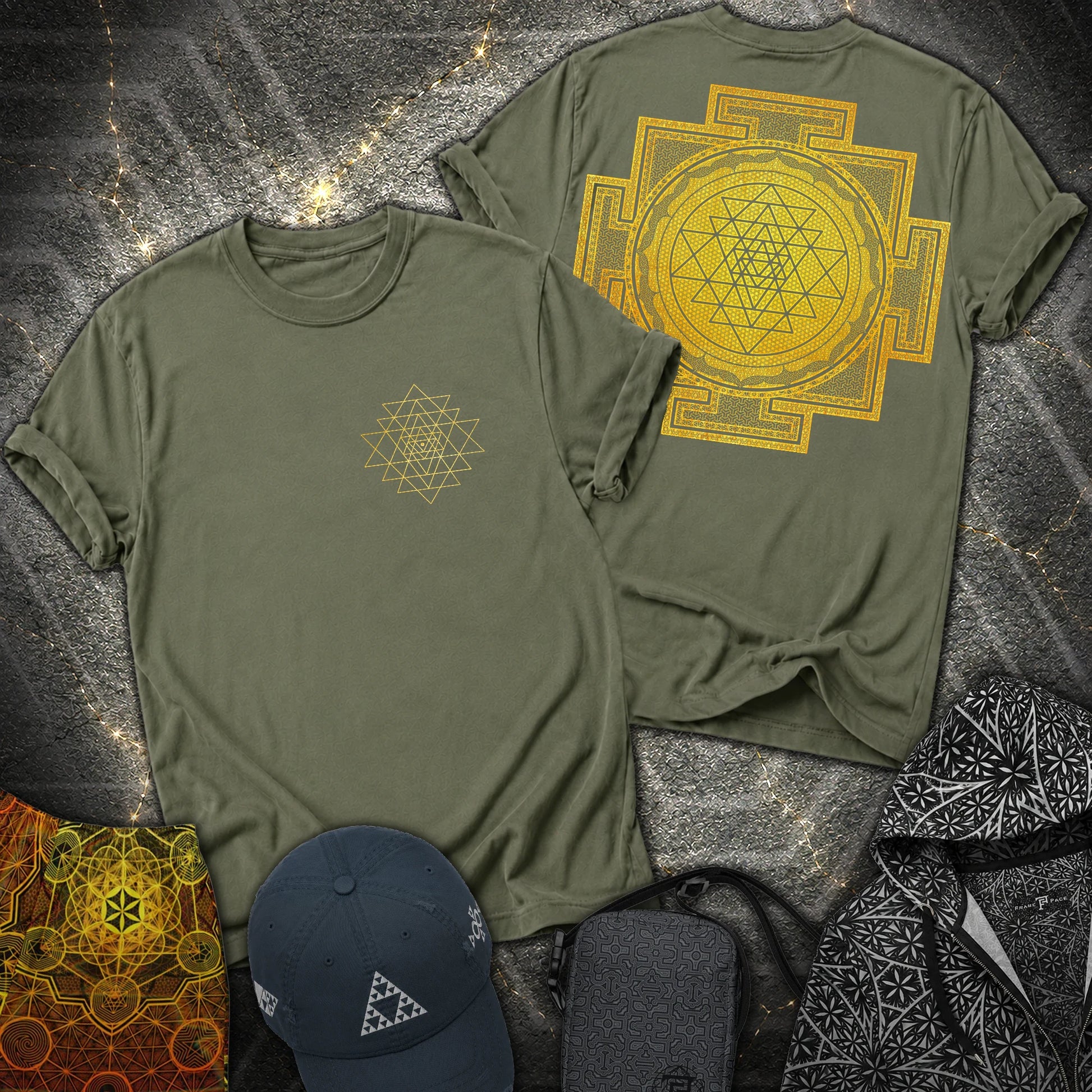 Sri Yantra Patterns 2 Sided T-Shirt - Sri Yantra Patterns 2 Sided T-Shirt - Military Green