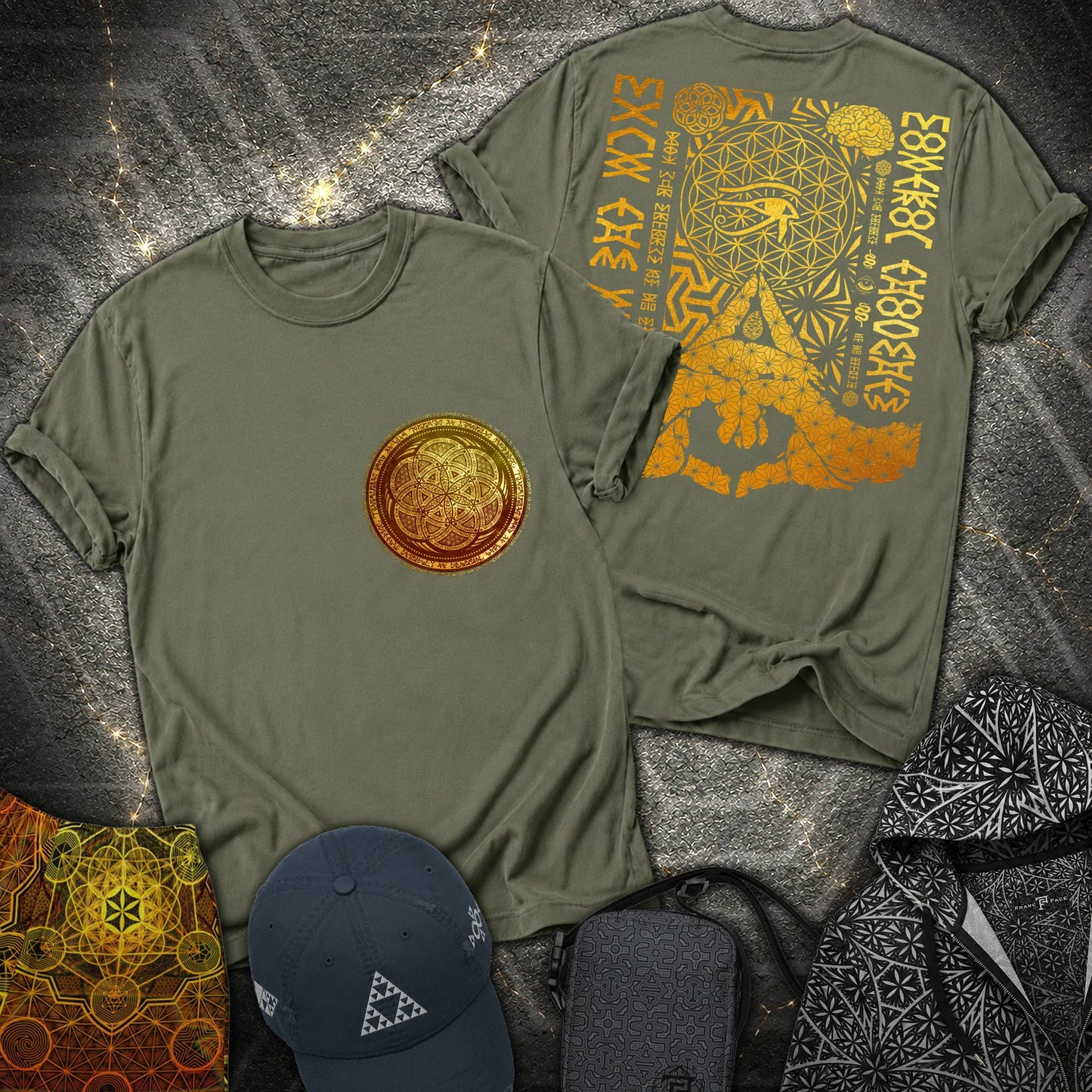 Kalesvara Mudra Seed Of Life 2 Sided T-Shirt - Kalesvara Mudra Seed Of Life 2 Sided T-Shirt - Military Green