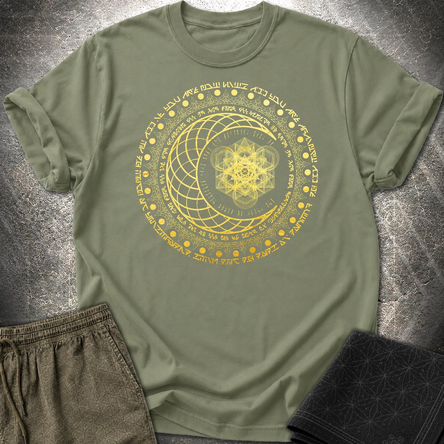 Sacred Geometry Moon Inscriptions T-Shirt - Sacred Geometry Moon Inscriptions T-Shirt - Military Green