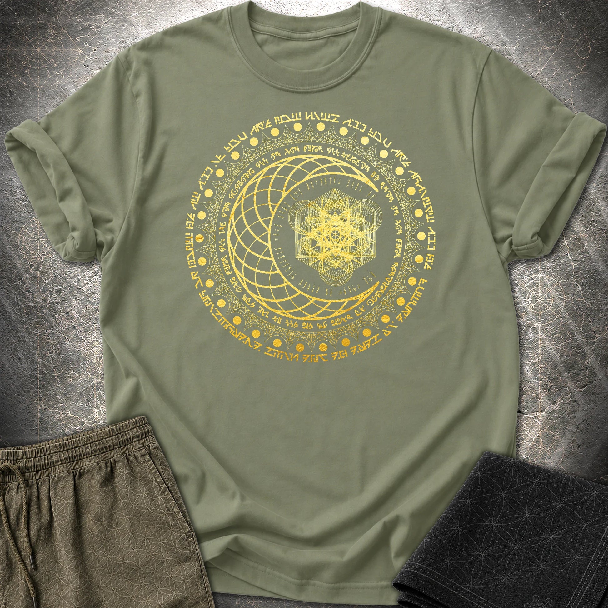 Sacred Geometry Moon Inscriptions T-Shirt - Sacred Geometry Moon Inscriptions T-Shirt - Military Green