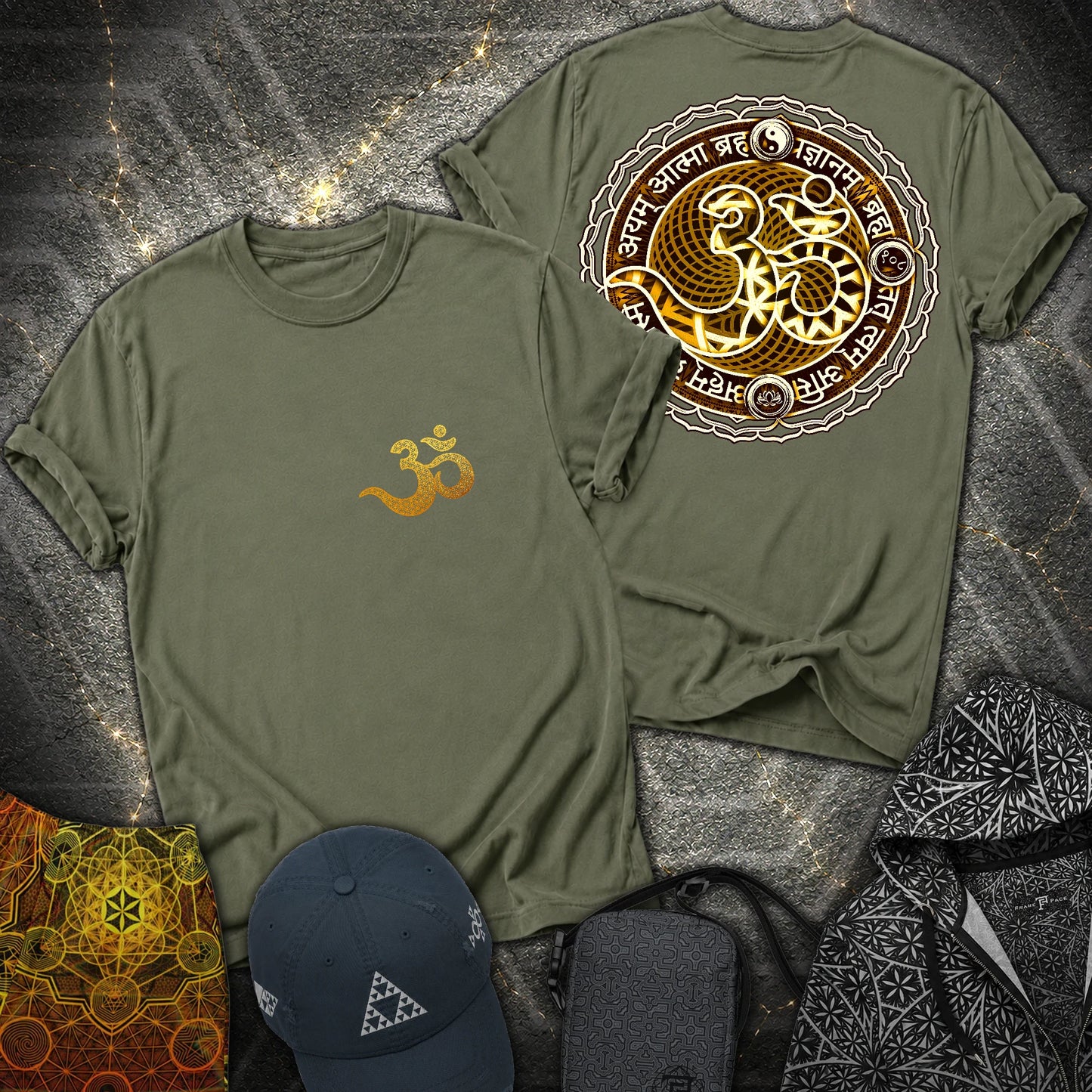 Ohm Sanskrit Scriptures 2 Sided T-Shirt - Ohm Sanskrit Scriptures 2 Sided T-Shirt - Military Green