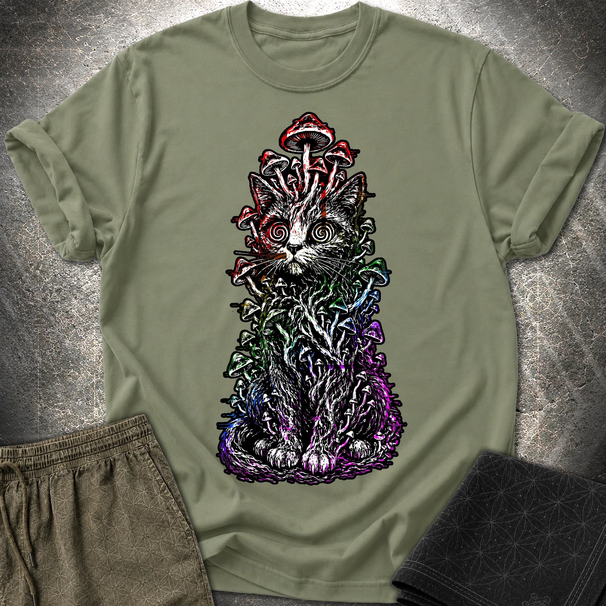 Trippy Mushroom Cat T-Shirt - Trippy Mushroom Cat T-Shirt - Military Green