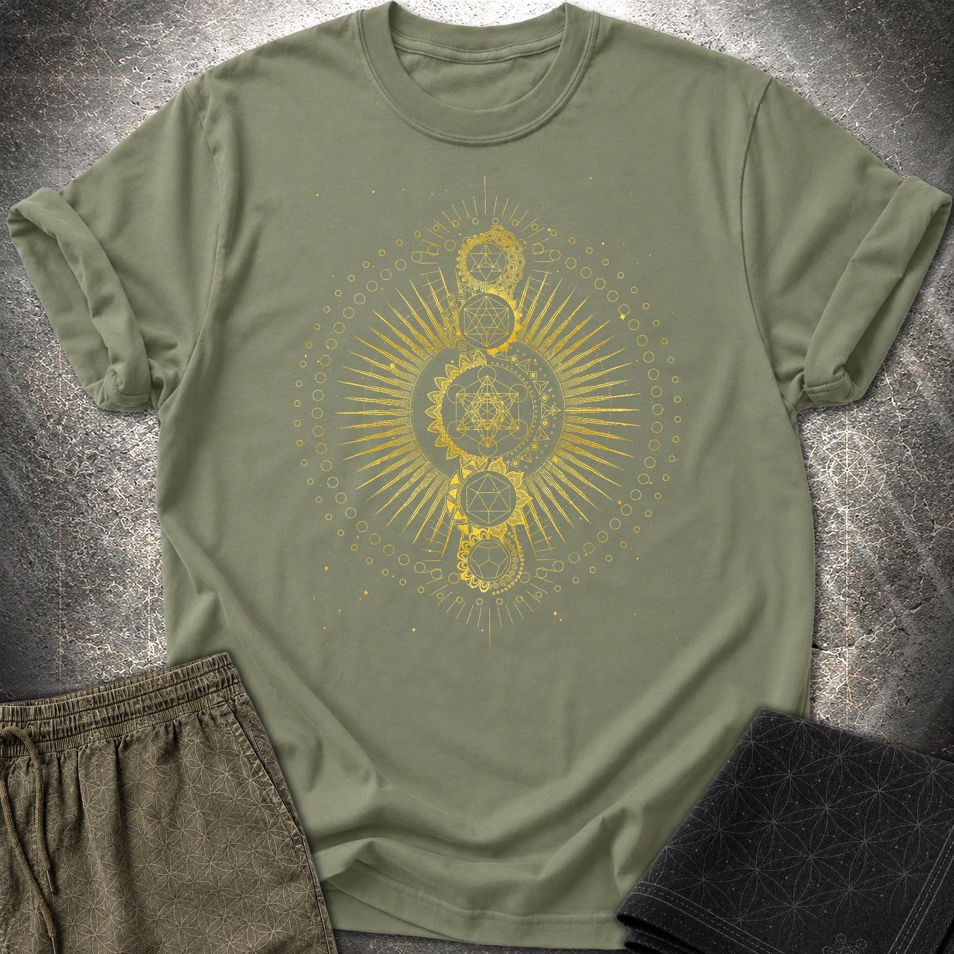 Sacred Geometry Radiating Mandala T-Shirt - Sacred Geometry Radiating Mandala T-Shirt - Military Green