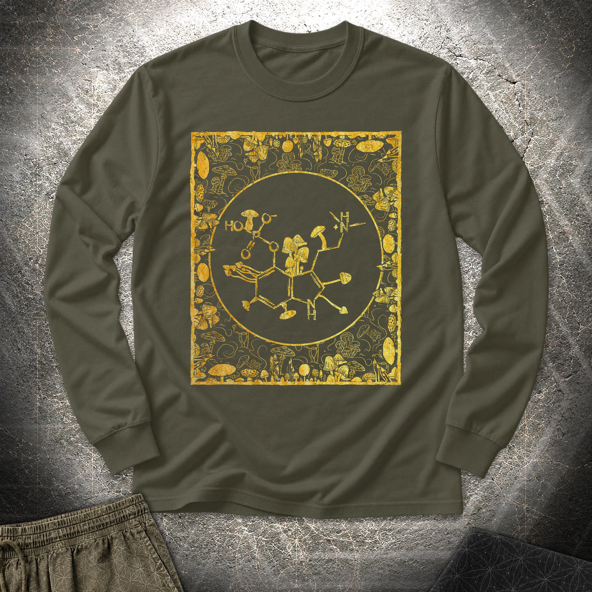 Psilocybin Molecule Mushroom Frame - Psilocybin Molecule Mushroom Frame Long Sleeve Shirt - Military Green