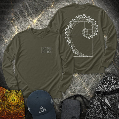 Floral Golden Ratio Spiral 2 Sided - Floral Golden Ratio Spiral 2 Sided Long Sleeve Shirt - Military Green