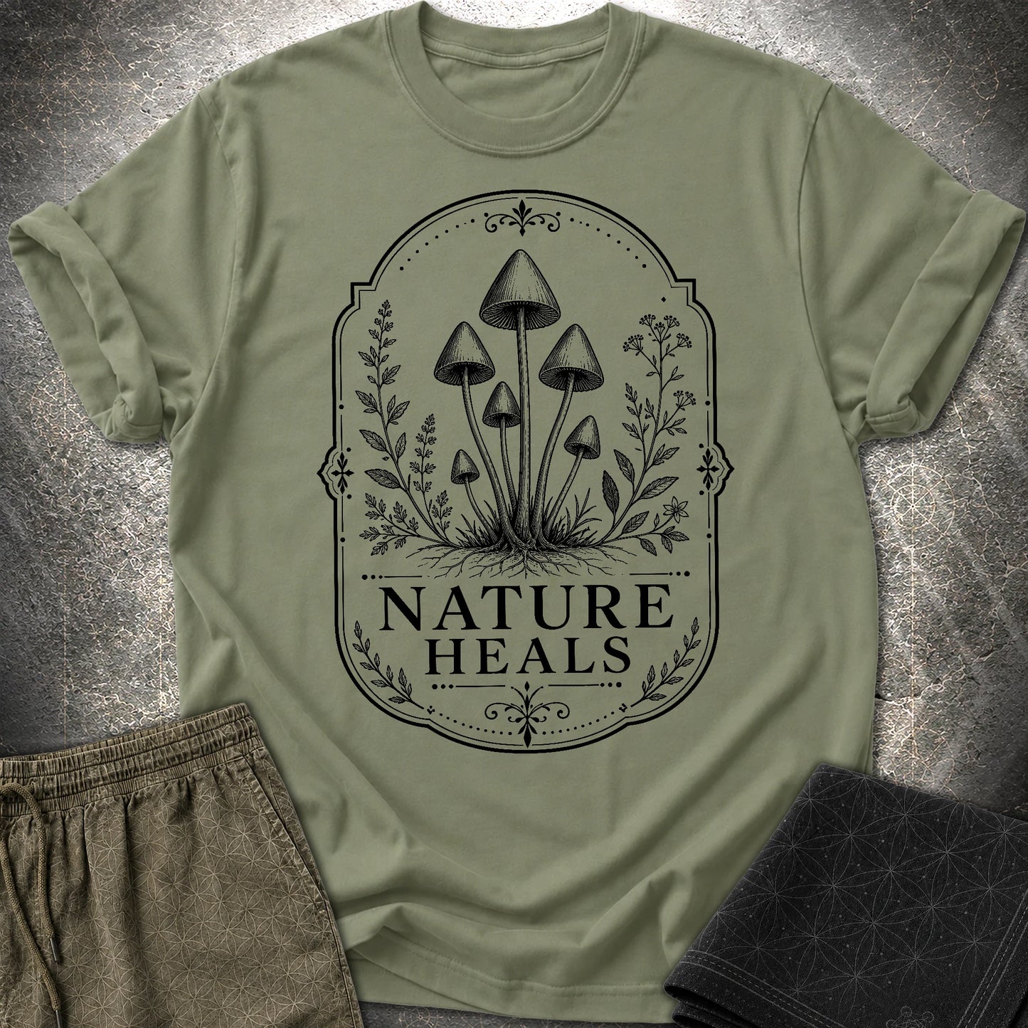 Nature Heals Botanical Fungi T-Shirt - Nature Heals Botanical Fungi T-Shirt - Military Green