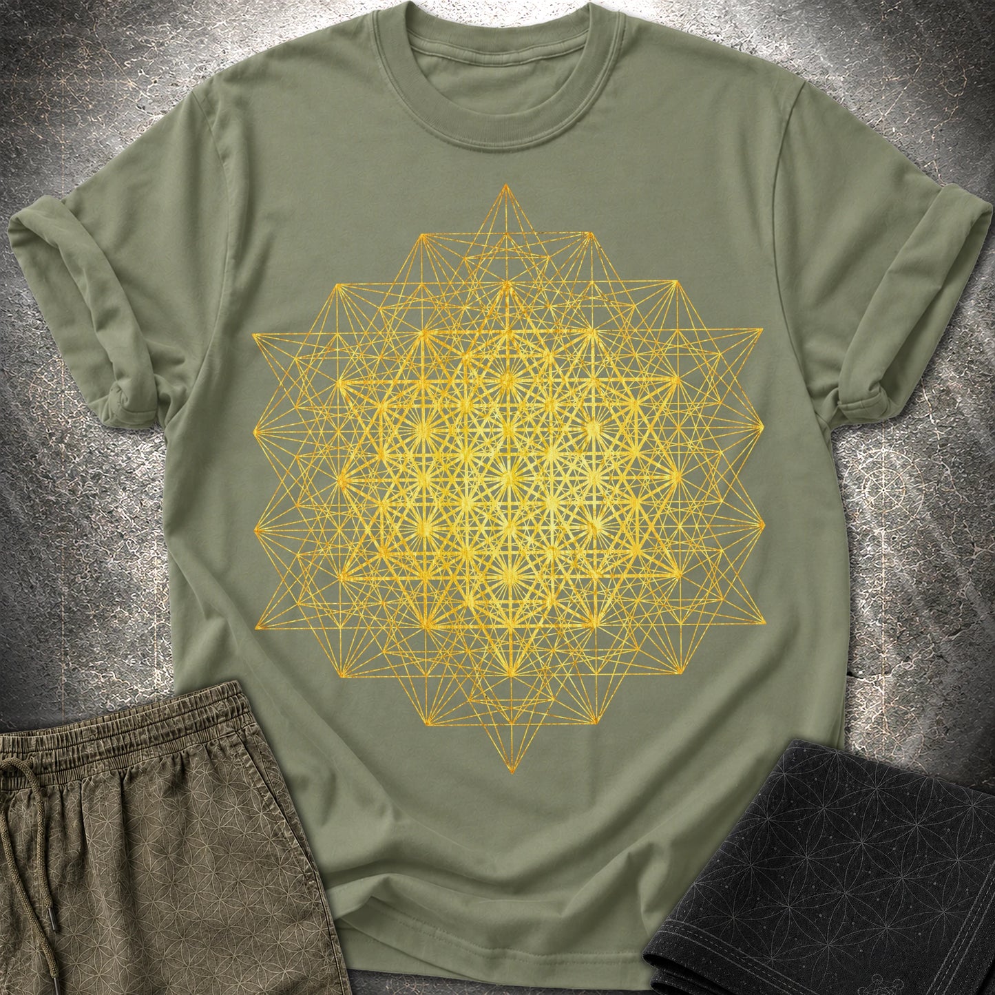 64 Tetrahedron Metatron Grid - 64 Tetrahedron Metatron Grid T-Shirt - Military Green