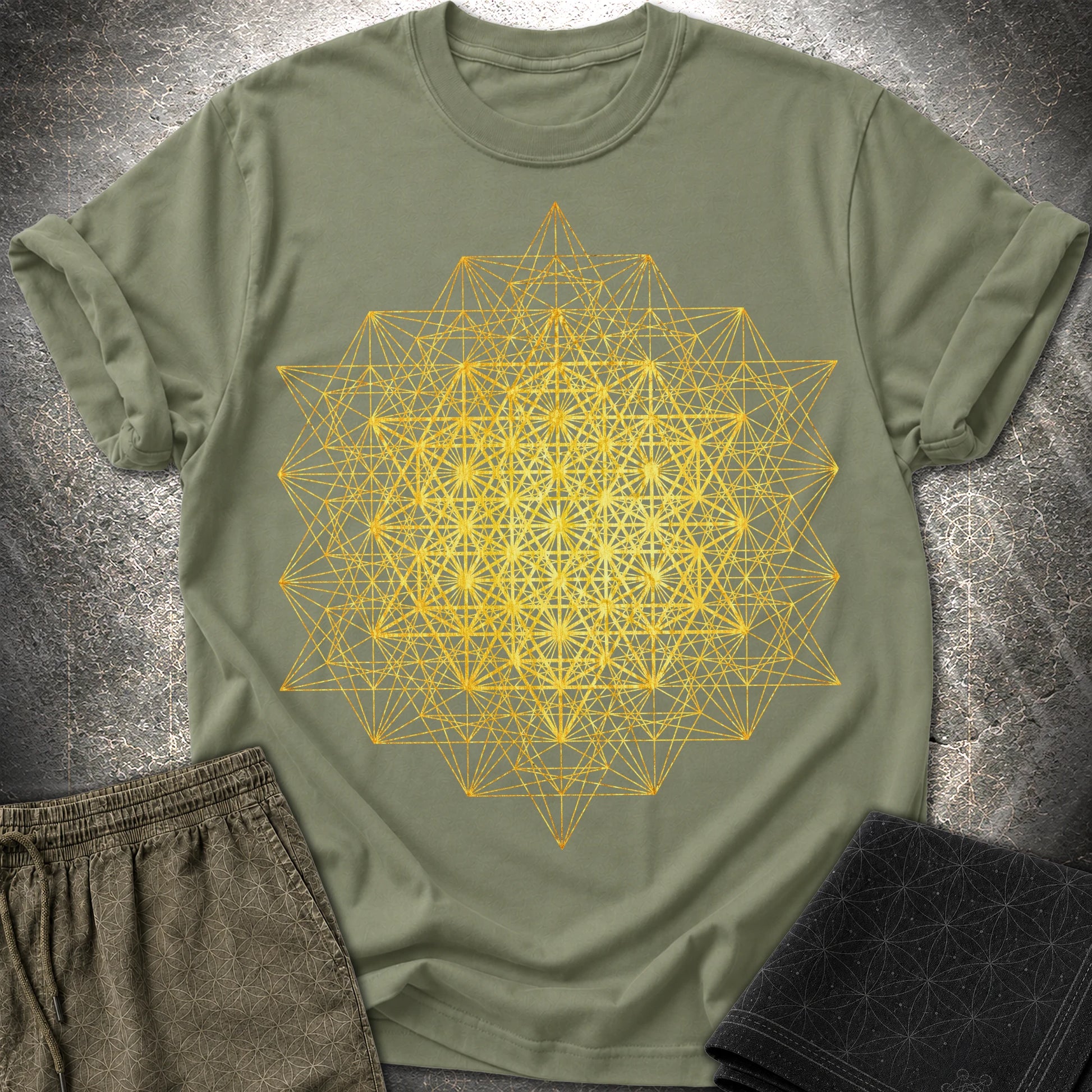 64 Tetrahedron Metatron Grid - 64 Tetrahedron Metatron Grid T-Shirt - Military Green