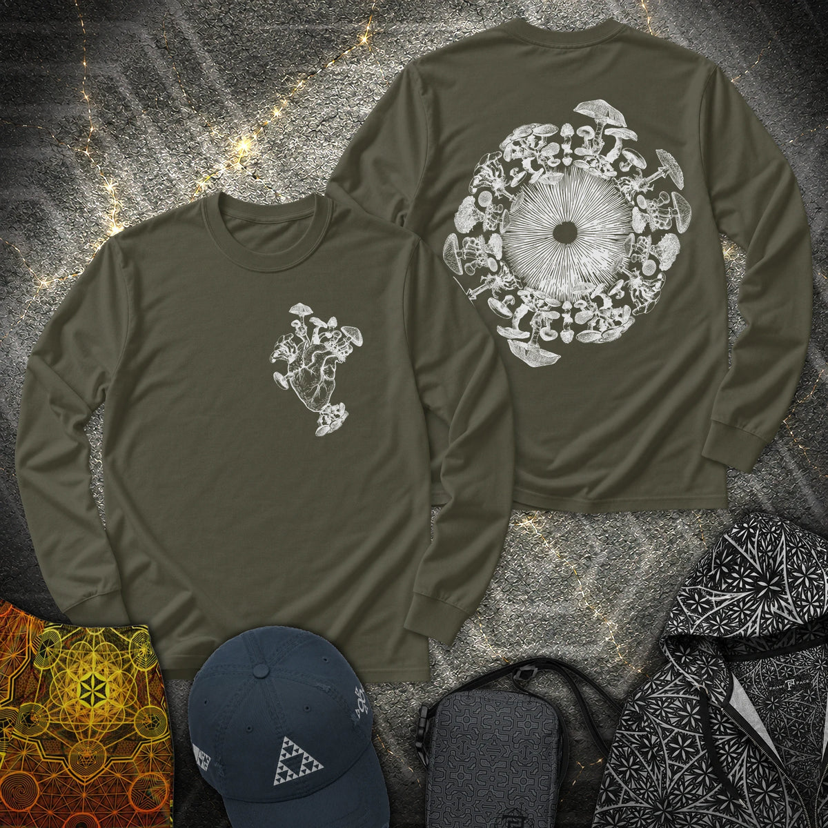 Mushroom Heart Mushroom Iris 2 Sided - Mushroom Heart Mushroom Iris 2 Sided Long Sleeve Shirt - Military Green