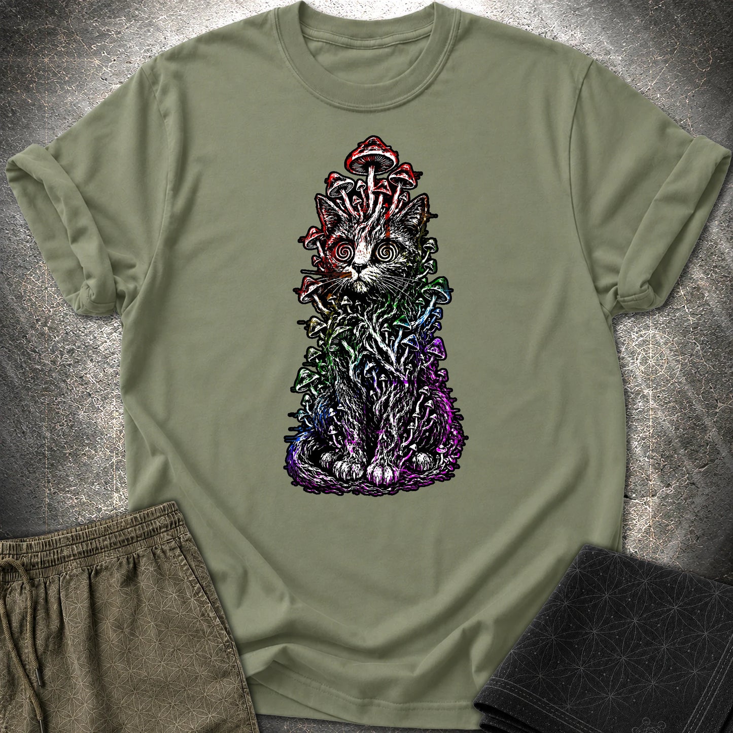 Trippy Mushroom Cat T-Shirt - Trippy Mushroom Cat T-Shirt - Military Green