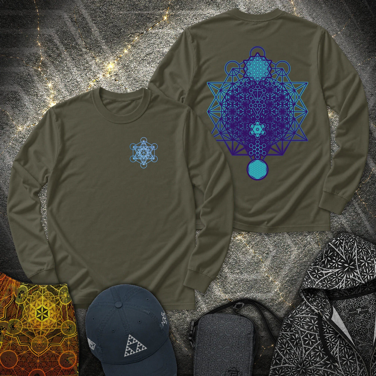 All The Sacred Geometry 2 Sided - All The Sacred Geometry 2 Sided Long Sleeve Shirt - Military Green