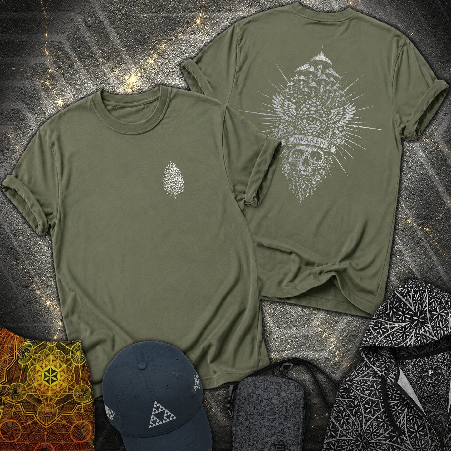 Mushroom Awakening 2 Sided T-Shirt - Mushroom Awakening 2 Sided T-Shirt - Military Green