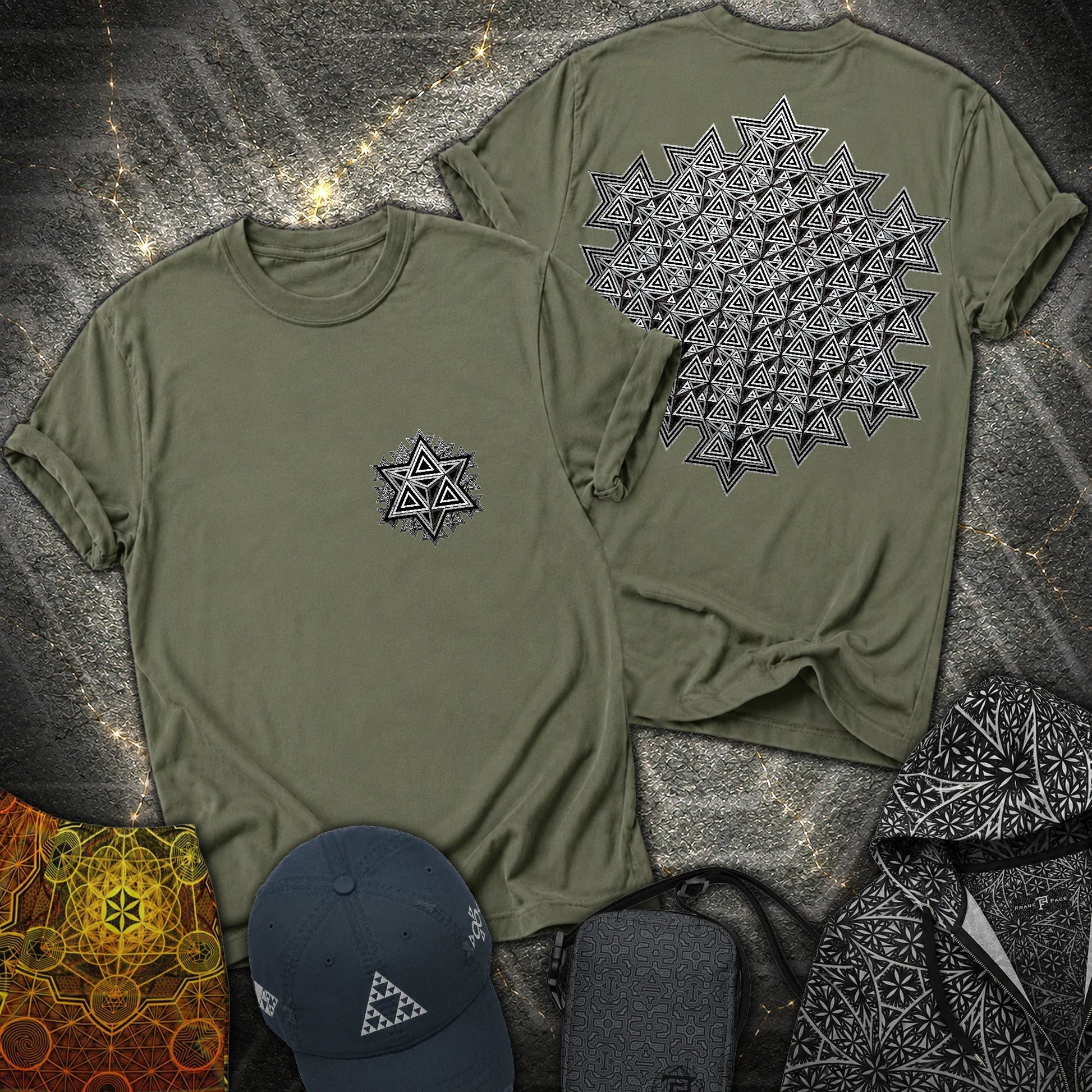 Sacred Silver Merkaba 2 Sided T-Shirt - Sacred Silver Merkaba 2 Sided T-Shirt - Military Green