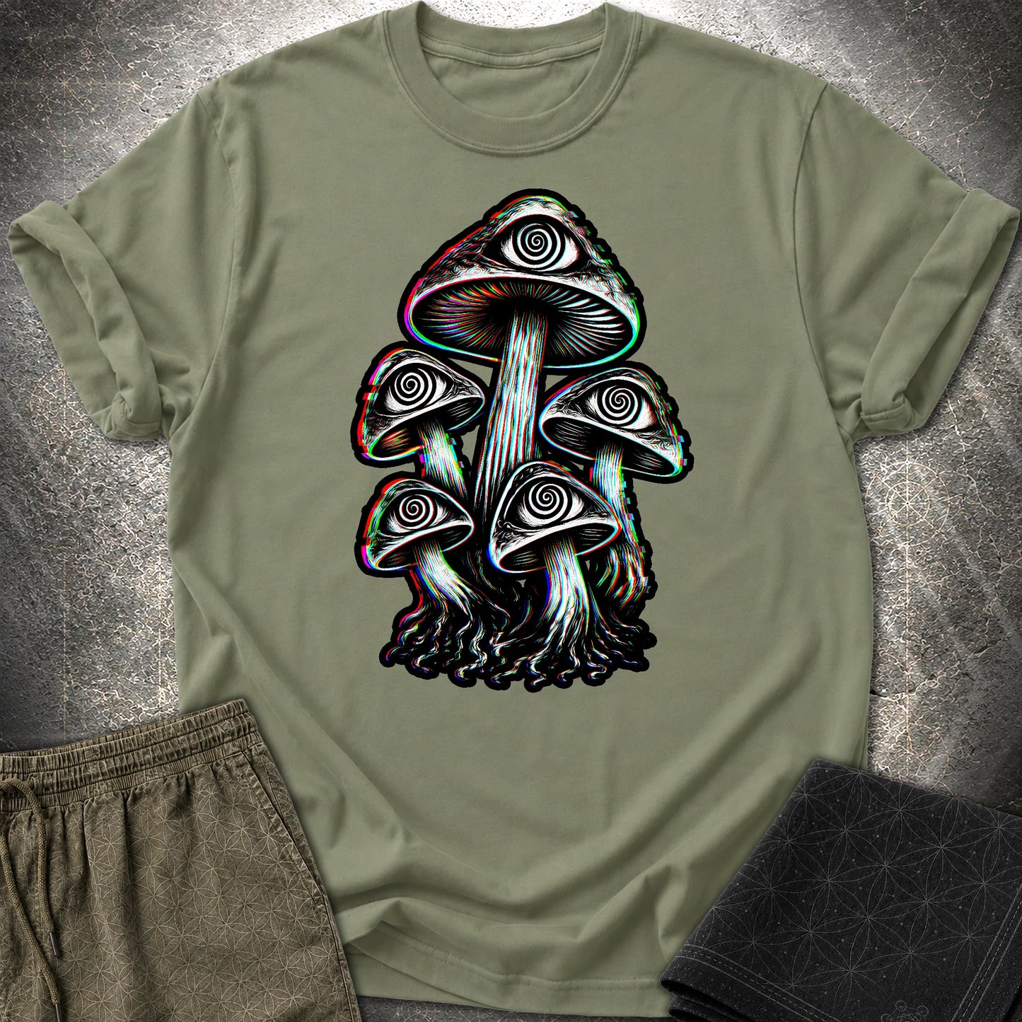 Hypnotic Mushroom T-Shirt, Psychedelic Eye Mushroom Shirt, Glitch Trippy Graphic Tee - Hypnotic Mushroom T-Shirt, Psychedelic Eye Mushroom Shirt, Glitch Trippy Graphic Tee - Military Green