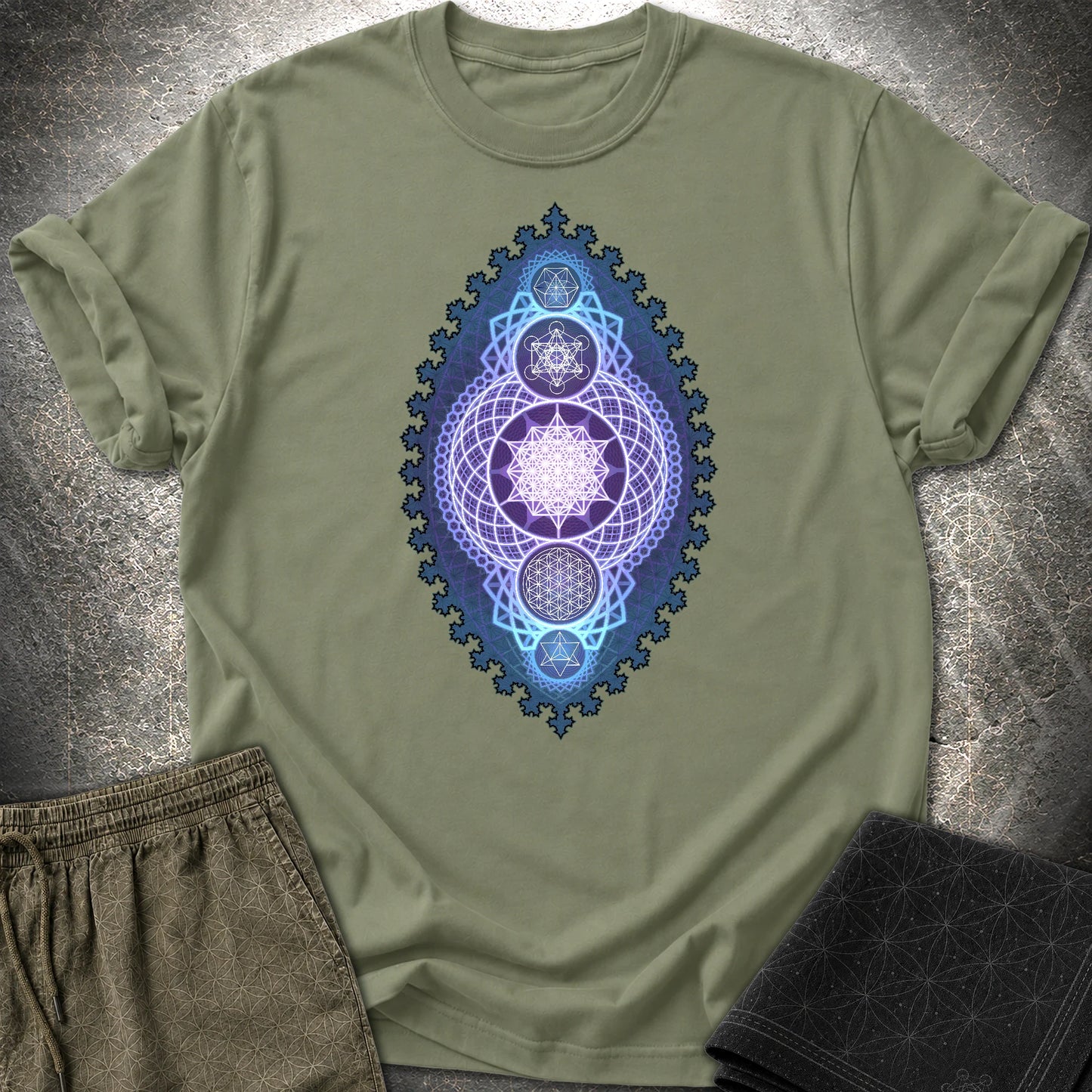 Blue Fractal Sacred Geometry Fusion T-Shirt - Blue Fractal Sacred Geometry Fusion T-Shirt - Military Green