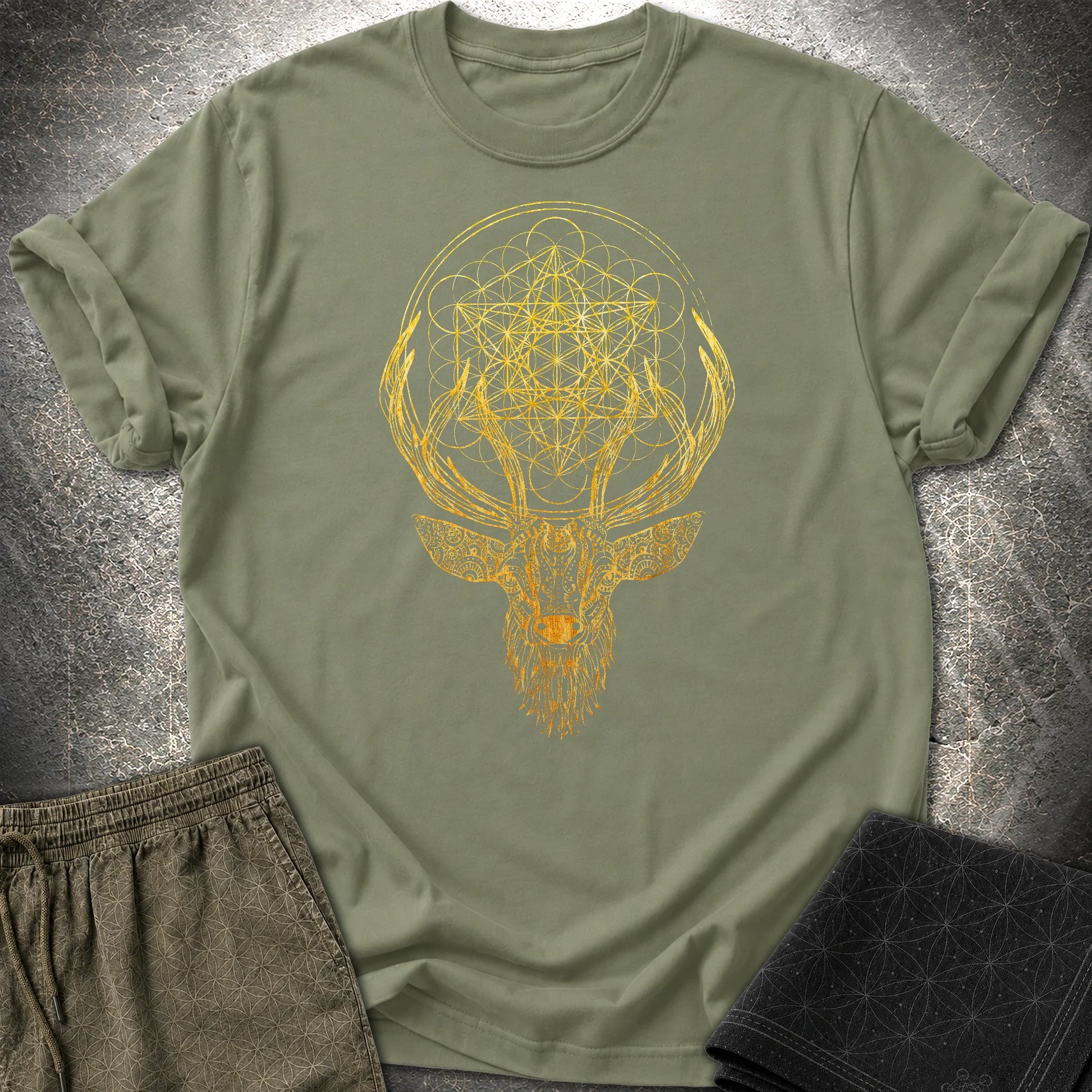 Metatron's Cube Deer T-Shirt - Metatron's Cube Deer T-Shirt - Military Green