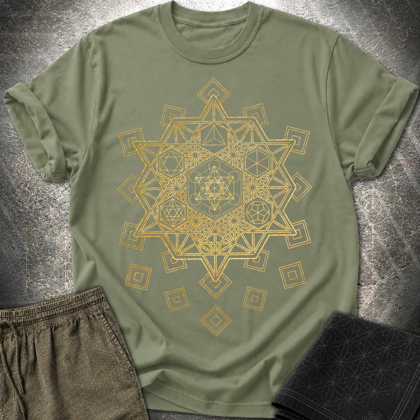 Metatron and Platonic Solids T-Shirt - Metatron and Platonic Solids T-Shirt - Military Green