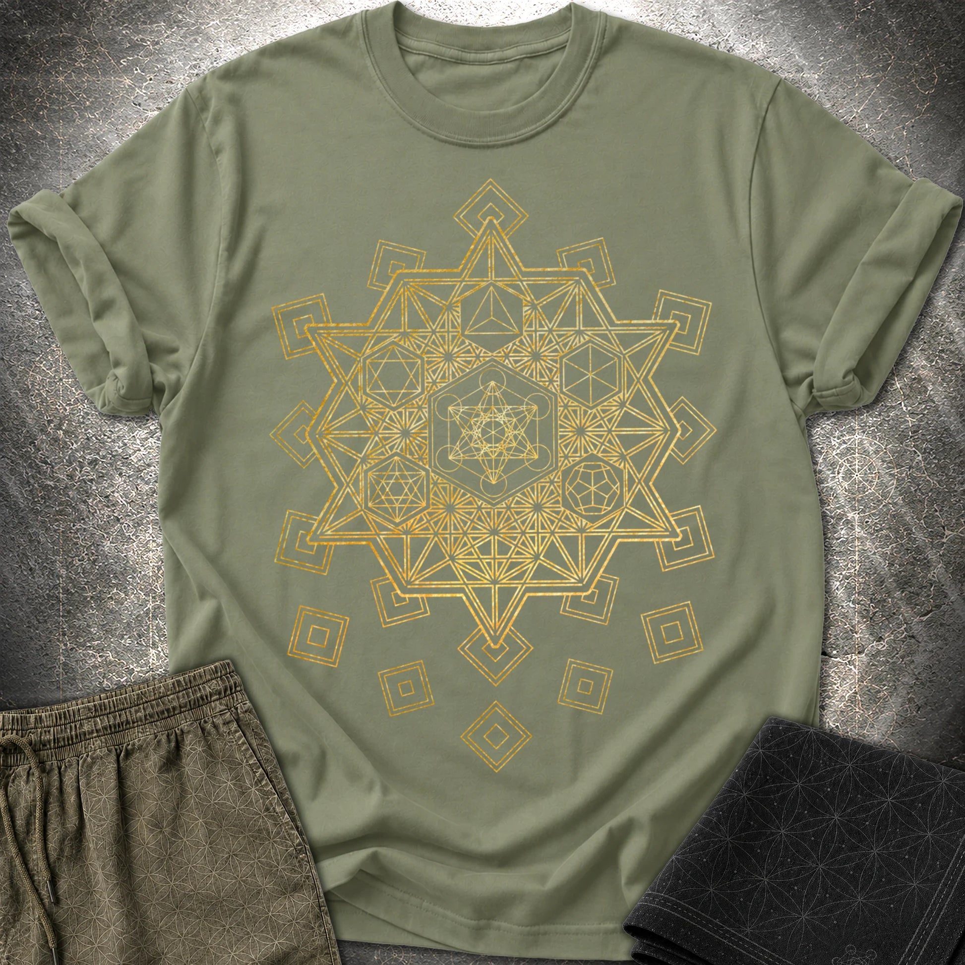 Metatron and Platonic Solids T-Shirt - Metatron and Platonic Solids T-Shirt - Military Green