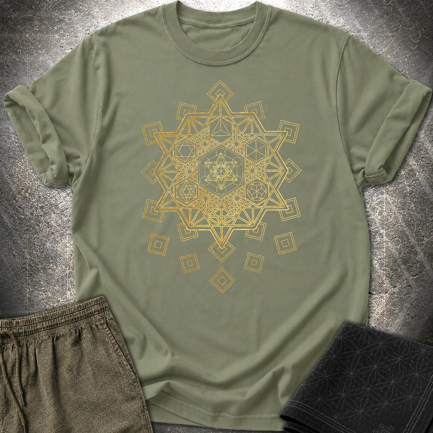 Metatron and Platonic Solids T-Shirt - Metatron and Platonic Solids T-Shirt - Military Green