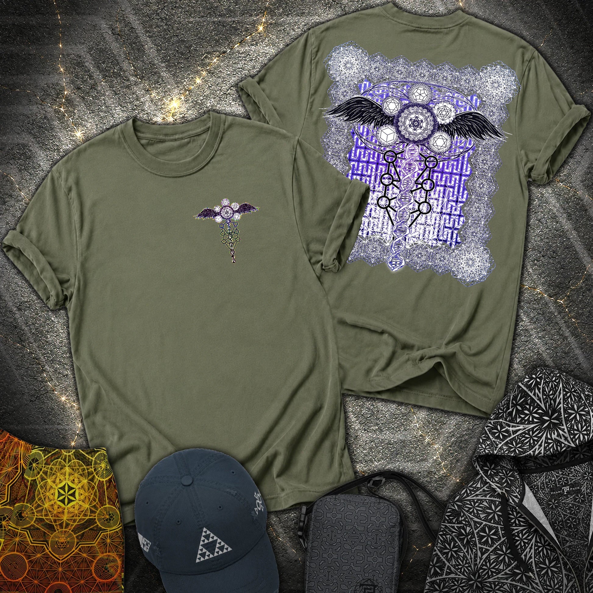 Winged Metatron DNA 2 Sided T-Shirt - Winged Metatron DNA 2 Sided T-Shirt - Military Green