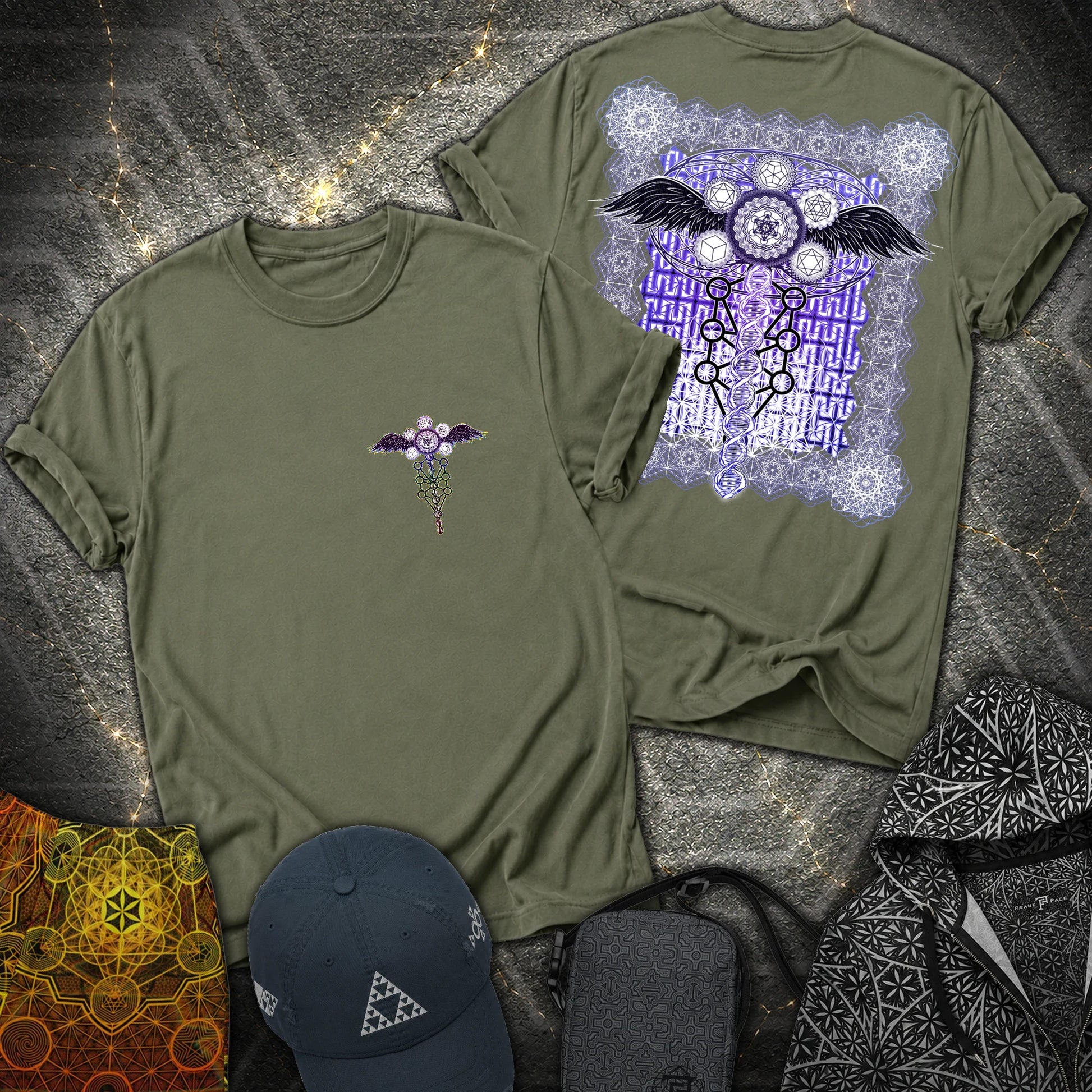 Winged Metatron DNA 2 Sided T-Shirt - Winged Metatron DNA 2 Sided T-Shirt - Military Green