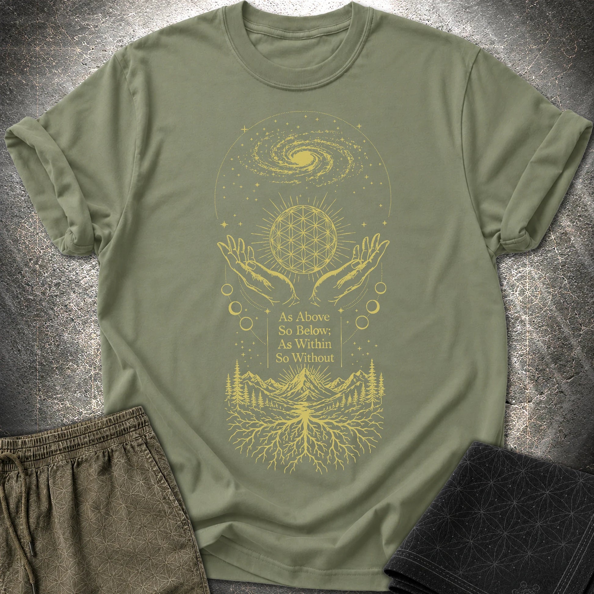 As Above So Below Flower Of Life - As Above So Below Flower Of Life T-Shirt - Military Green