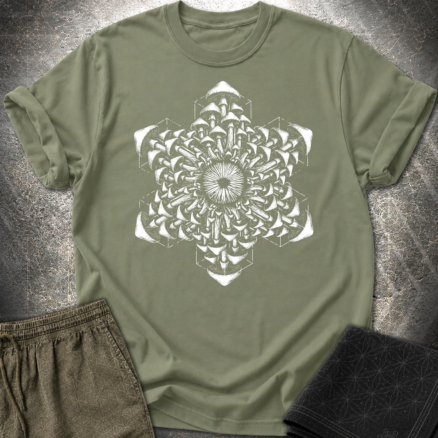 Mushroom Essence T-Shirt, Psychedelic Mushroom Shirt, Sacred Geometry Fungi Graphic Unisex T-Shirt - Mushroom Essence T-Shirt, Psychedelic Mushroom Shirt, Sacred Geometry Fungi Graphic Unisex T-Shirt - Military Green