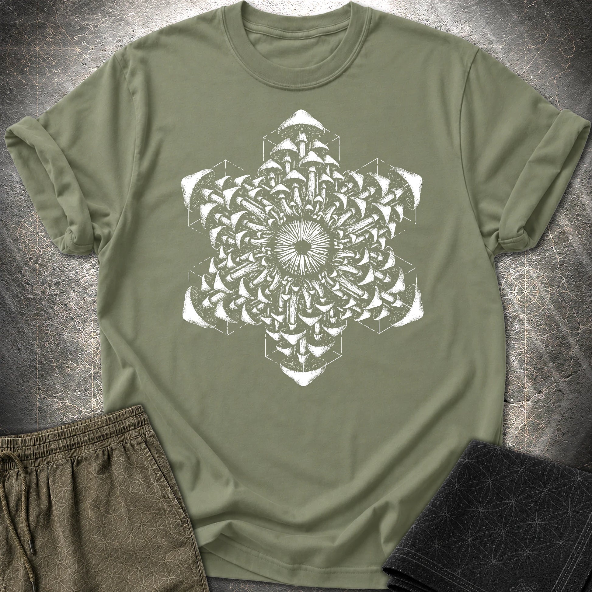 Mushroom Essence T-Shirt, Psychedelic Mushroom Shirt, Sacred Geometry Fungi Graphic Unisex T-Shirt - Mushroom Essence T-Shirt, Psychedelic Mushroom Shirt, Sacred Geometry Fungi Graphic Unisex T-Shirt - Military Green