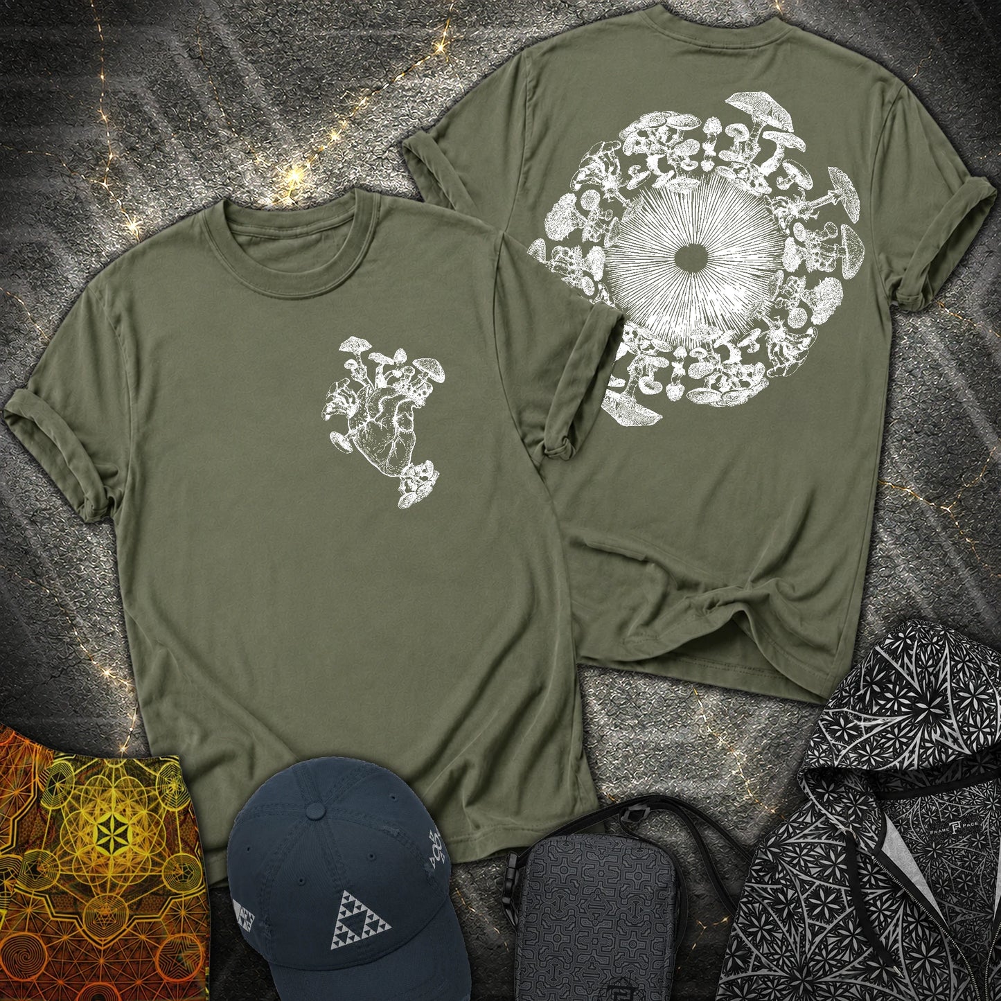 Mushroom Heart Mushroom Iris 2 Sided T-Shirt - Mushroom Heart Mushroom Iris 2 Sided T-Shirt - Military Green
