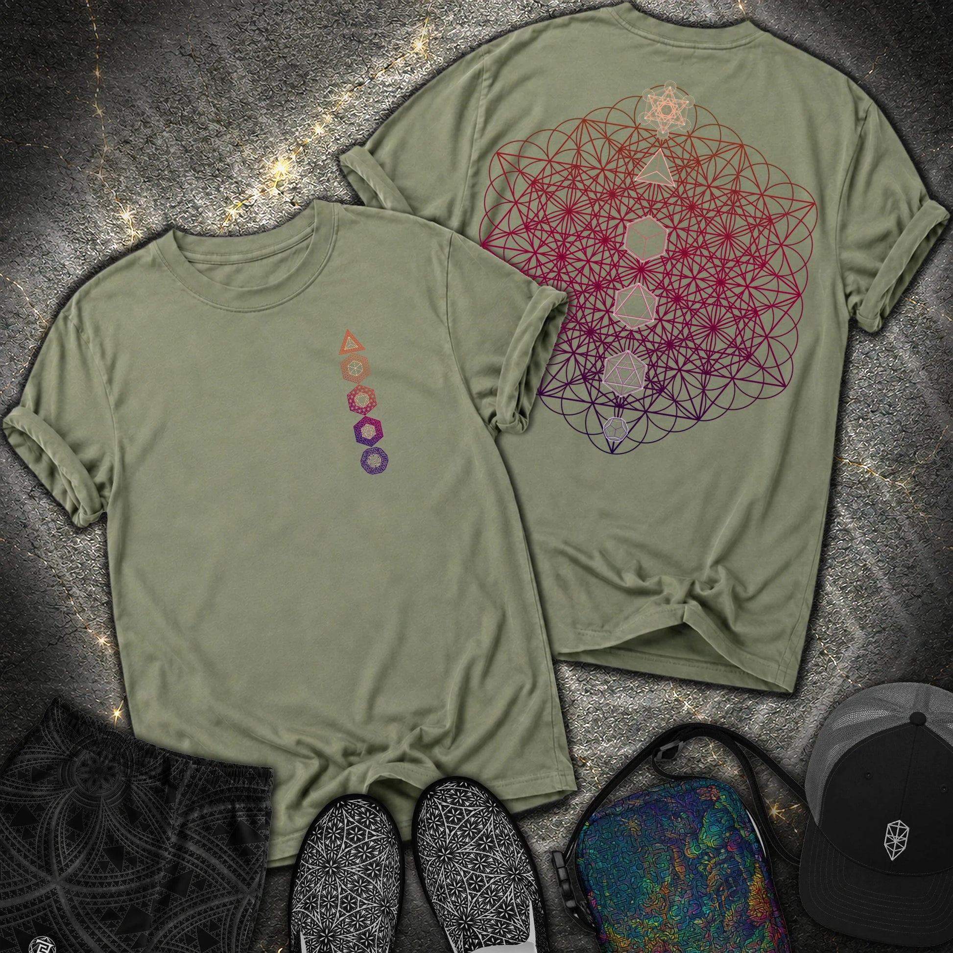 64 Tetrahedron Platonic Solids Metatron 2 Sided Comfort T-shirt - 64 Tetrahedron Platonic Solids Metatron 2 Sided Comfort T-shirt - Moss