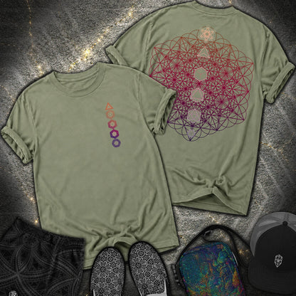 64 Tetrahedron Platonic Solids Metatron 2 Sided Comfort T-shirt - 64 Tetrahedron Platonic Solids Metatron 2 Sided Comfort T-shirt - Moss