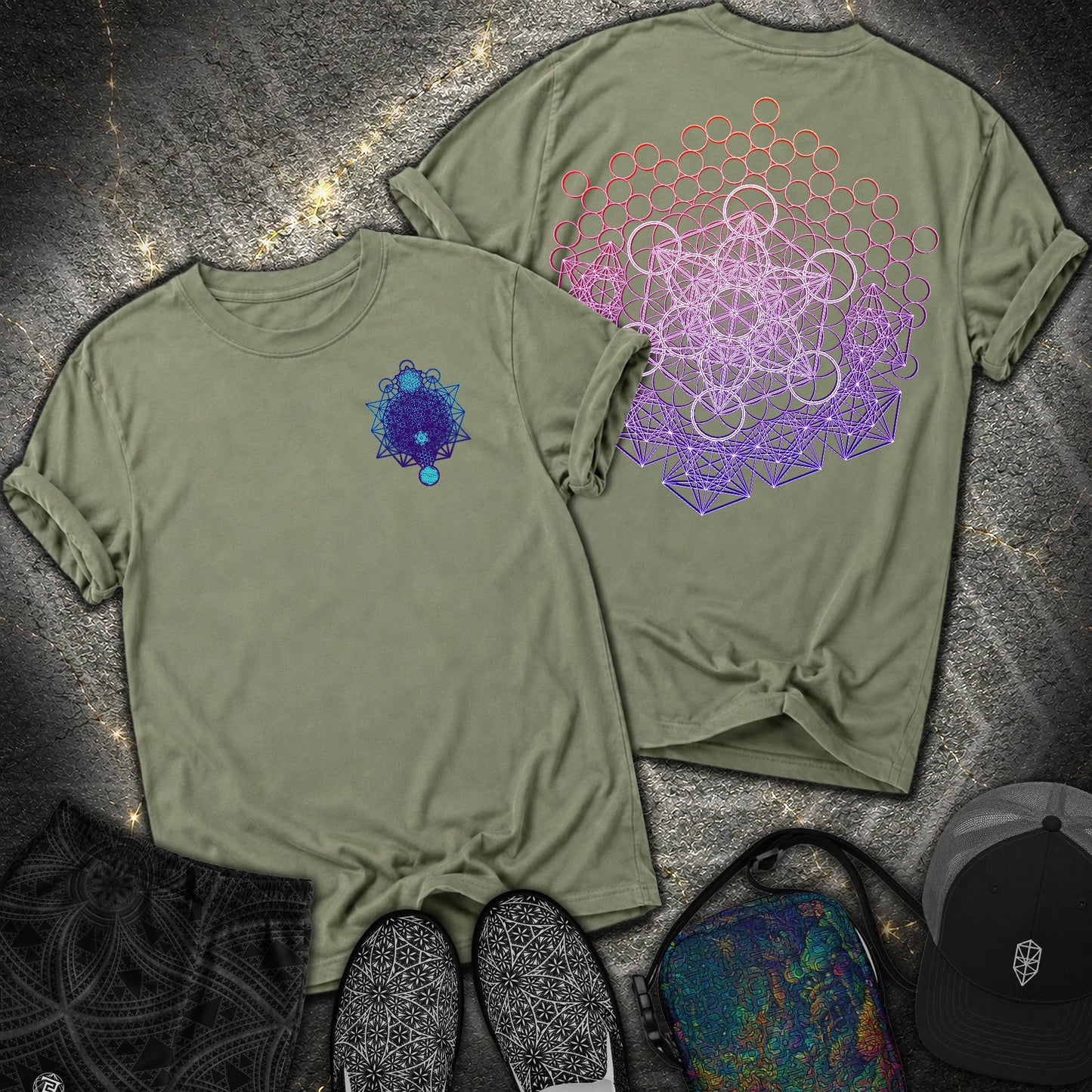Metatron And Flower Connection 2 Sided Comfort T-Shirt - Metatron And Flower Connection Comfort 2 Sided T-Shirt - Moss