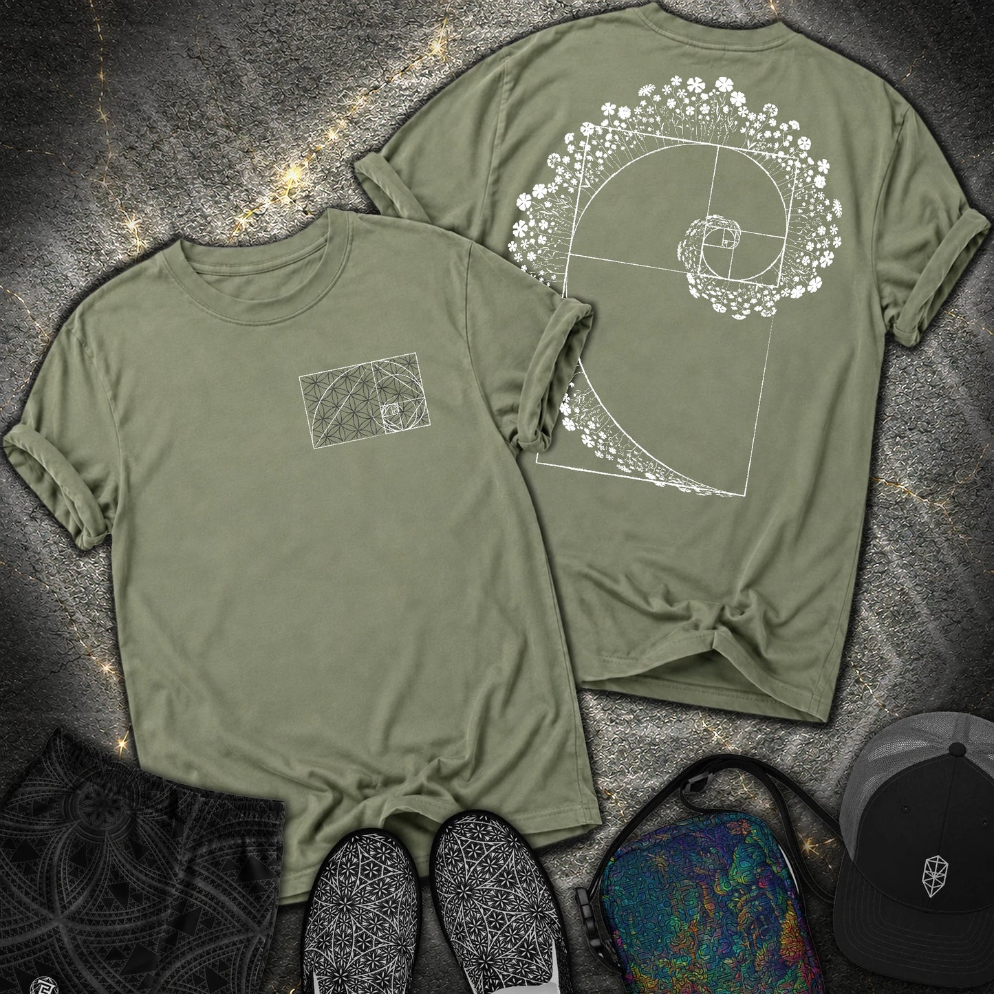 Floral Golden Ratio Spiral 2 Sided Comfort T-Shirt - Floral Golden Ratio Spiral 2 Sided Comfort T-Shirt - Moss