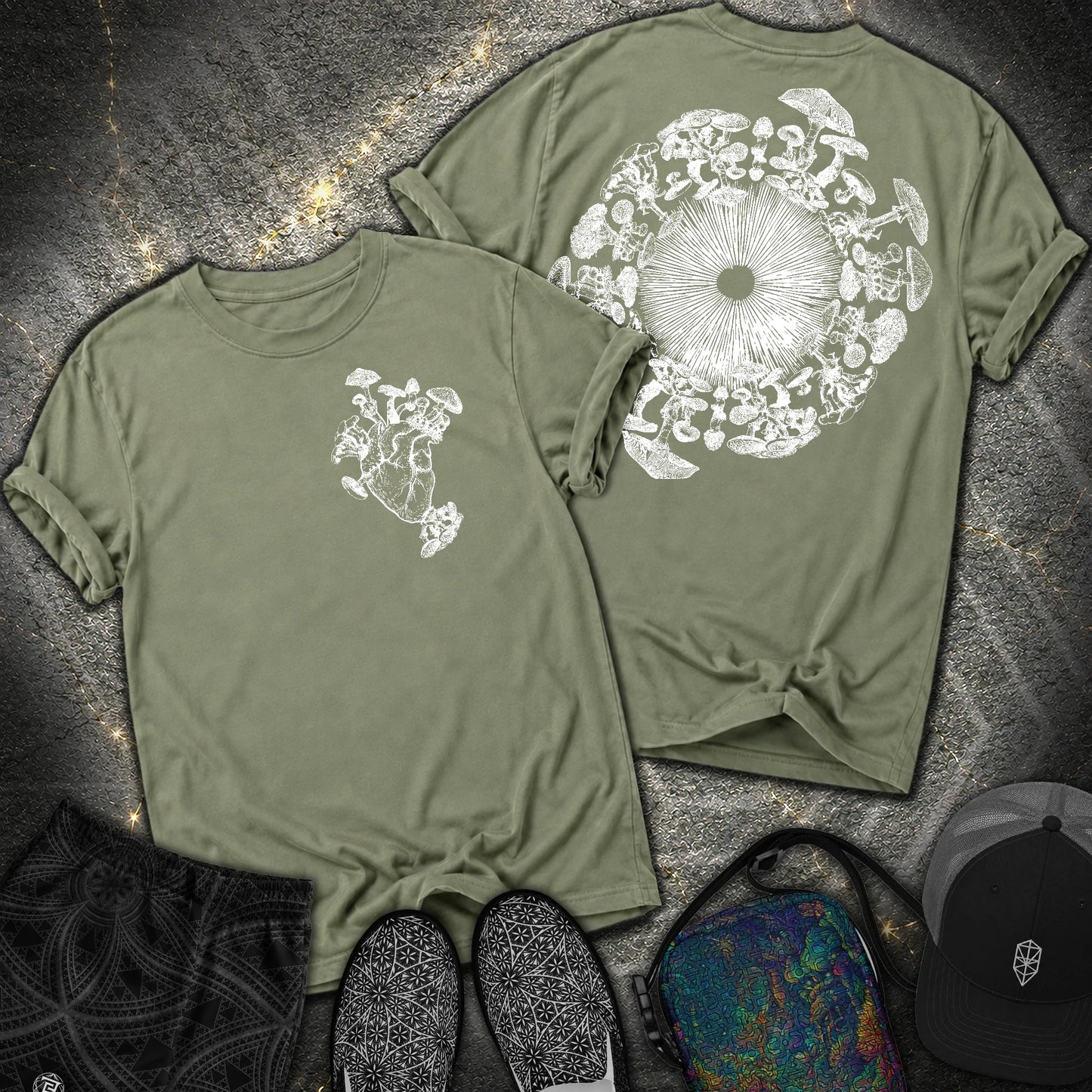 Mushroom Heart Mushroom Iris 2 Sided Comfort T-Shirt - Mushroom Heart Mushroom Iris 2 Sided Comfort T-Shirt - Moss