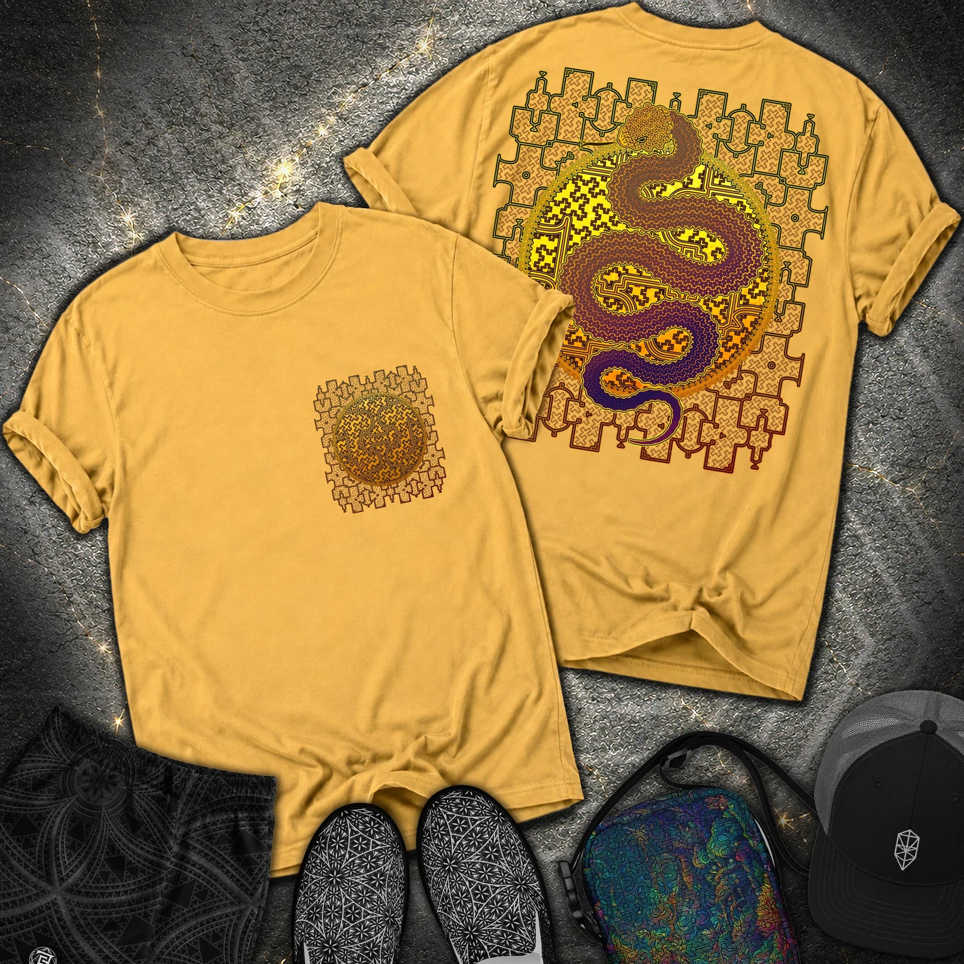 Shipibo Kene Cosmic Snake Comfort 2 Sided T-shirt - Shipibo Kene Cosmic Snake Comfort 2 Sided T-shirt - Mustard