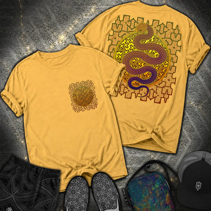 Shipibo Kene Cosmic Snake Comfort 2 Sided T-shirt - Shipibo Kene Cosmic Snake Comfort 2 Sided T-shirt - Mustard