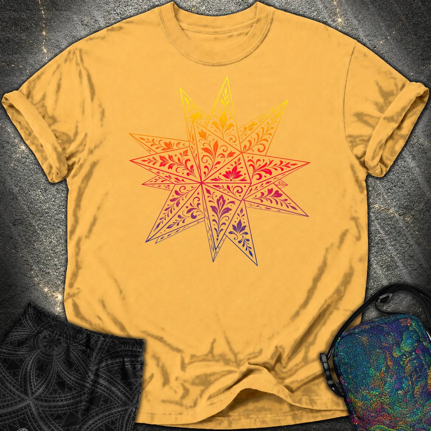 Colorful Stellated Dodecahedron Comfort T-Shirt - Colorful Stellated Dodecahedron Comfort T-Shirt - Mustard