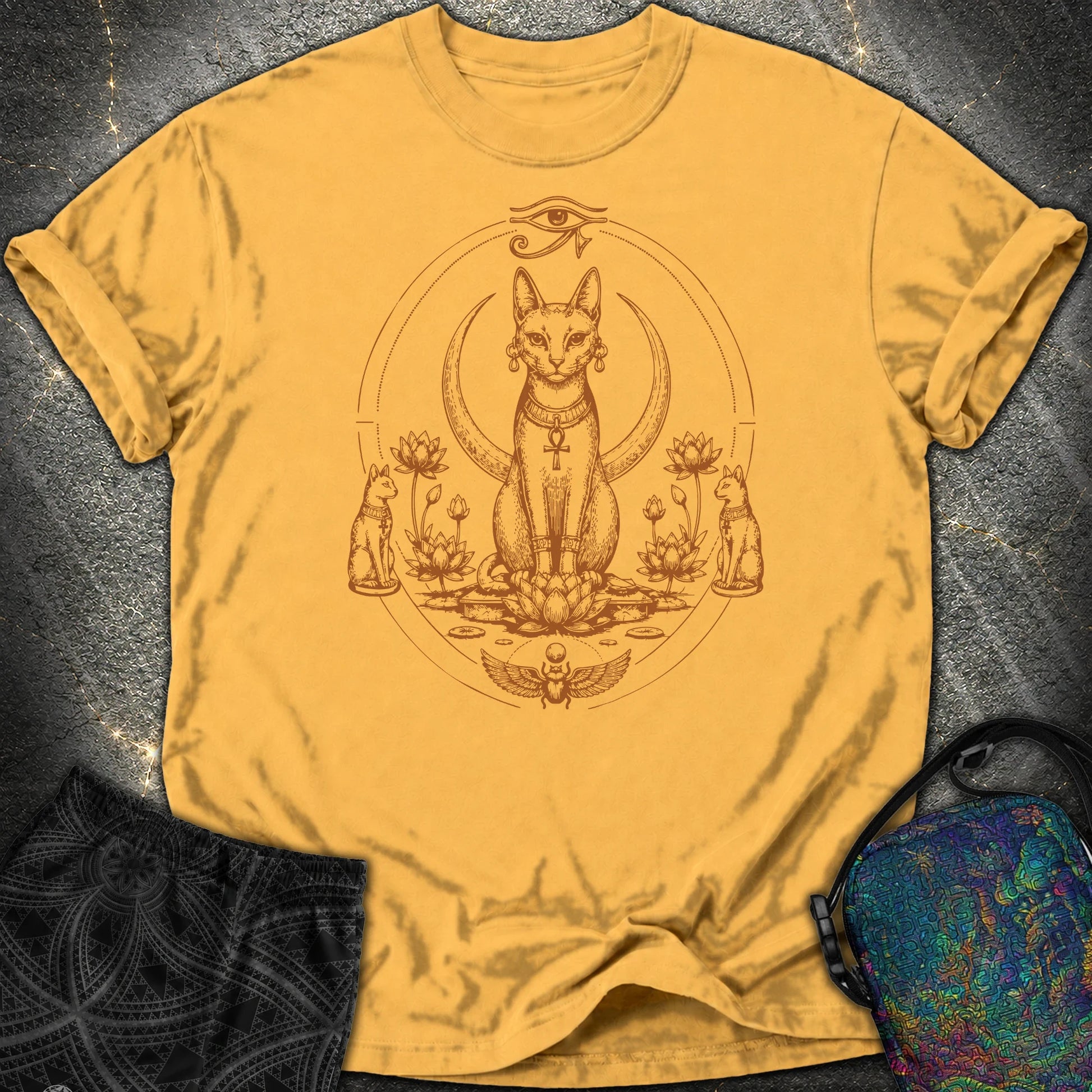Sacred Cat Among Lotus Blooms - Sacred Cat Among Lotus Blooms Comfort T-Shirt - Mustard