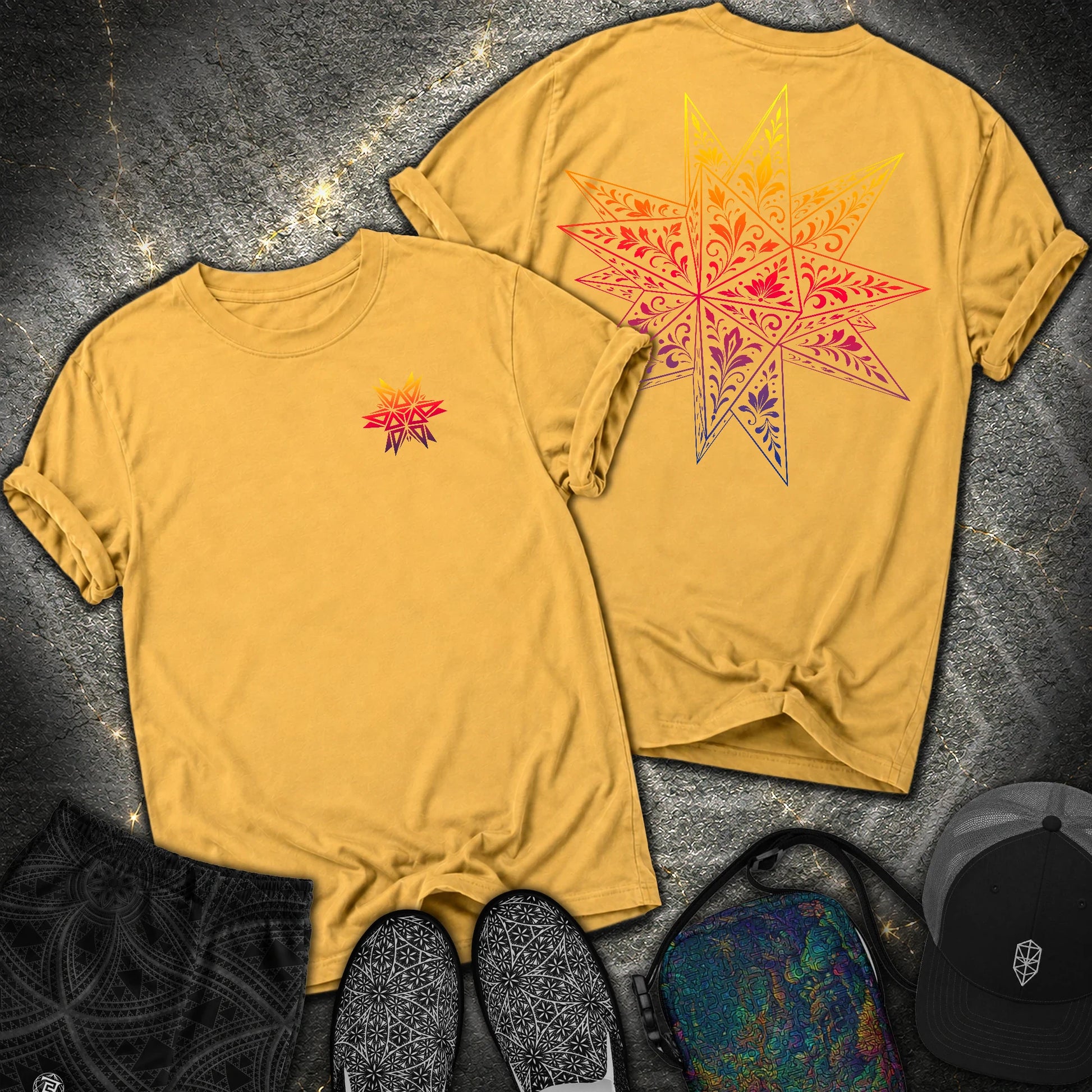 Colorful Stellated Dodecahedron 2 Sided Comfort T-Shirt - Colorful Stellated Dodecahedron 2 Sided Comfort T-Shirt - Mustard
