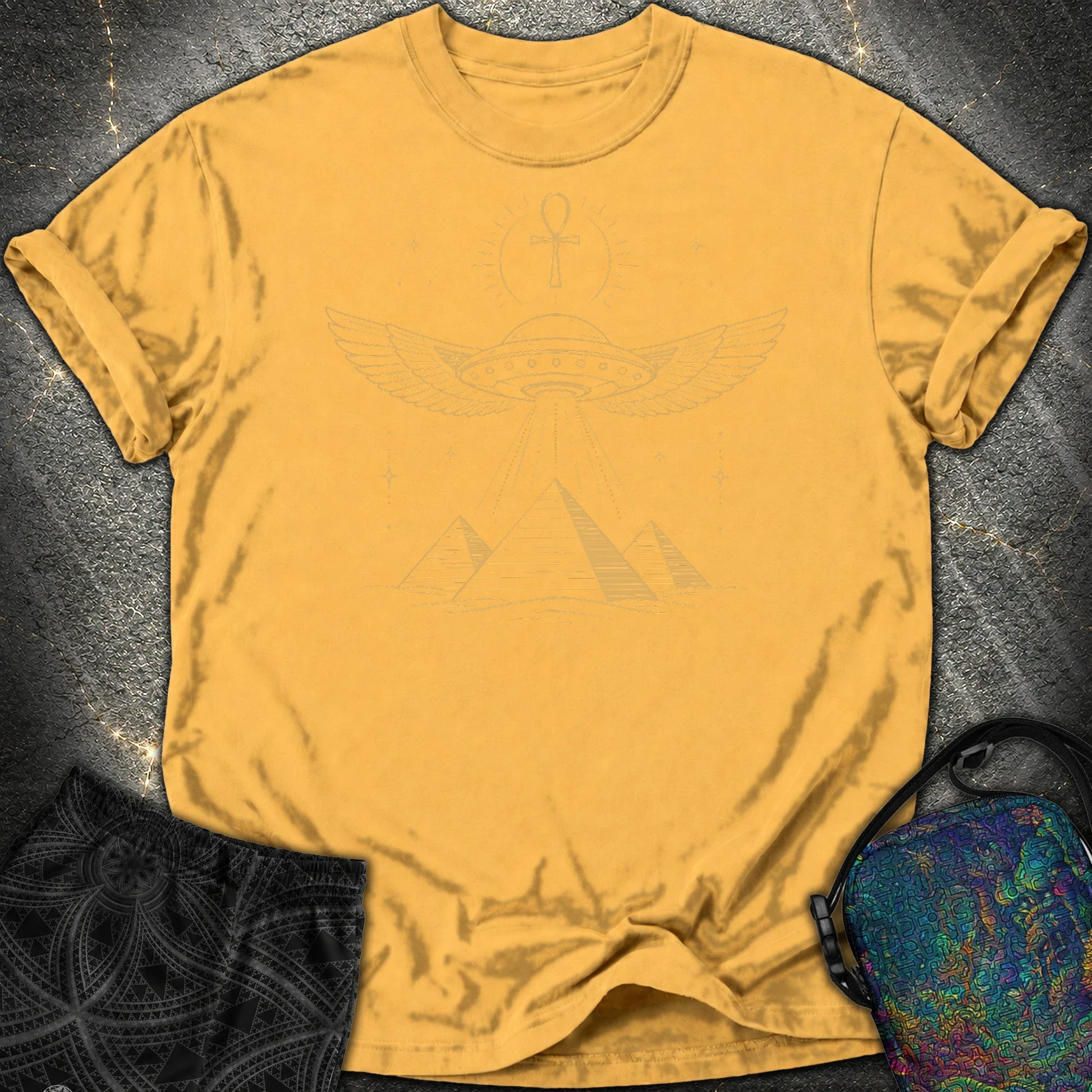 Winged Starship Over the Pyramids - Winged Starship Over the Pyramids Comfort T-Shirt - Mustard