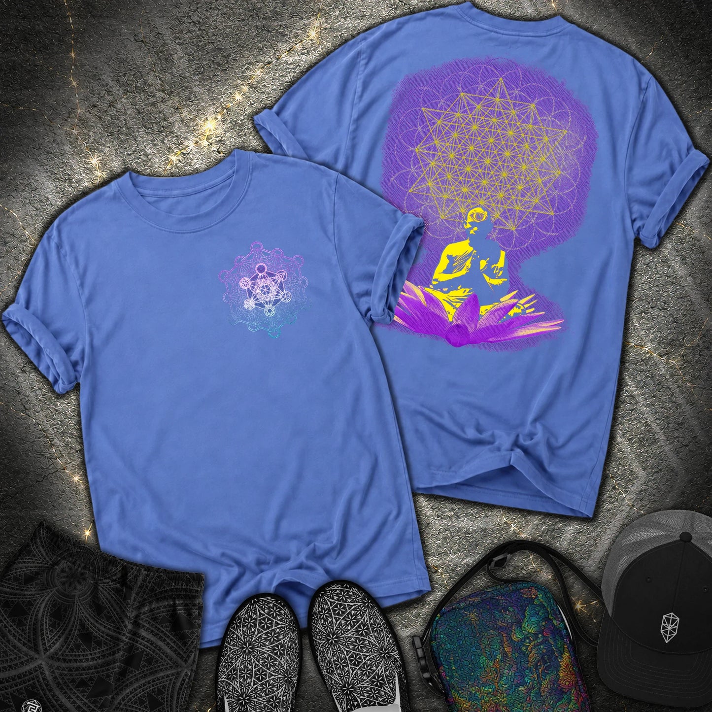 Meditating Monk Tetrahedron Metatron 2 Sided Comfort T-Shirt - Meditating Monk Tetrahedron Metatron 2 Sided Comfort T-Shirt - Mystic Blue