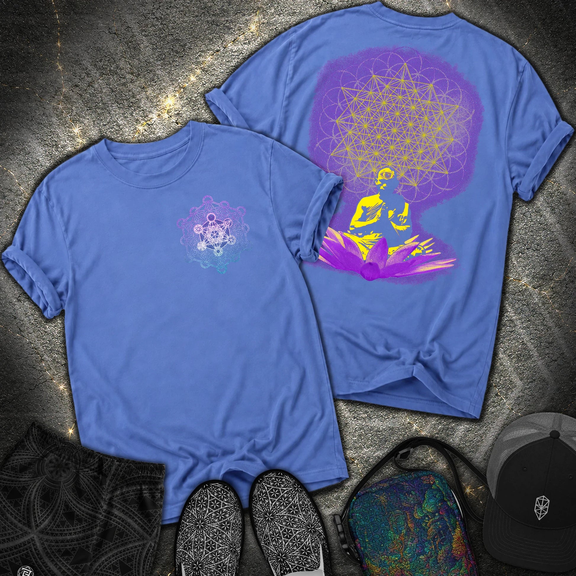 Meditating Monk Tetrahedron Metatron 2 Sided Comfort T-Shirt - Meditating Monk Tetrahedron Metatron 2 Sided Comfort T-Shirt - Mystic Blue