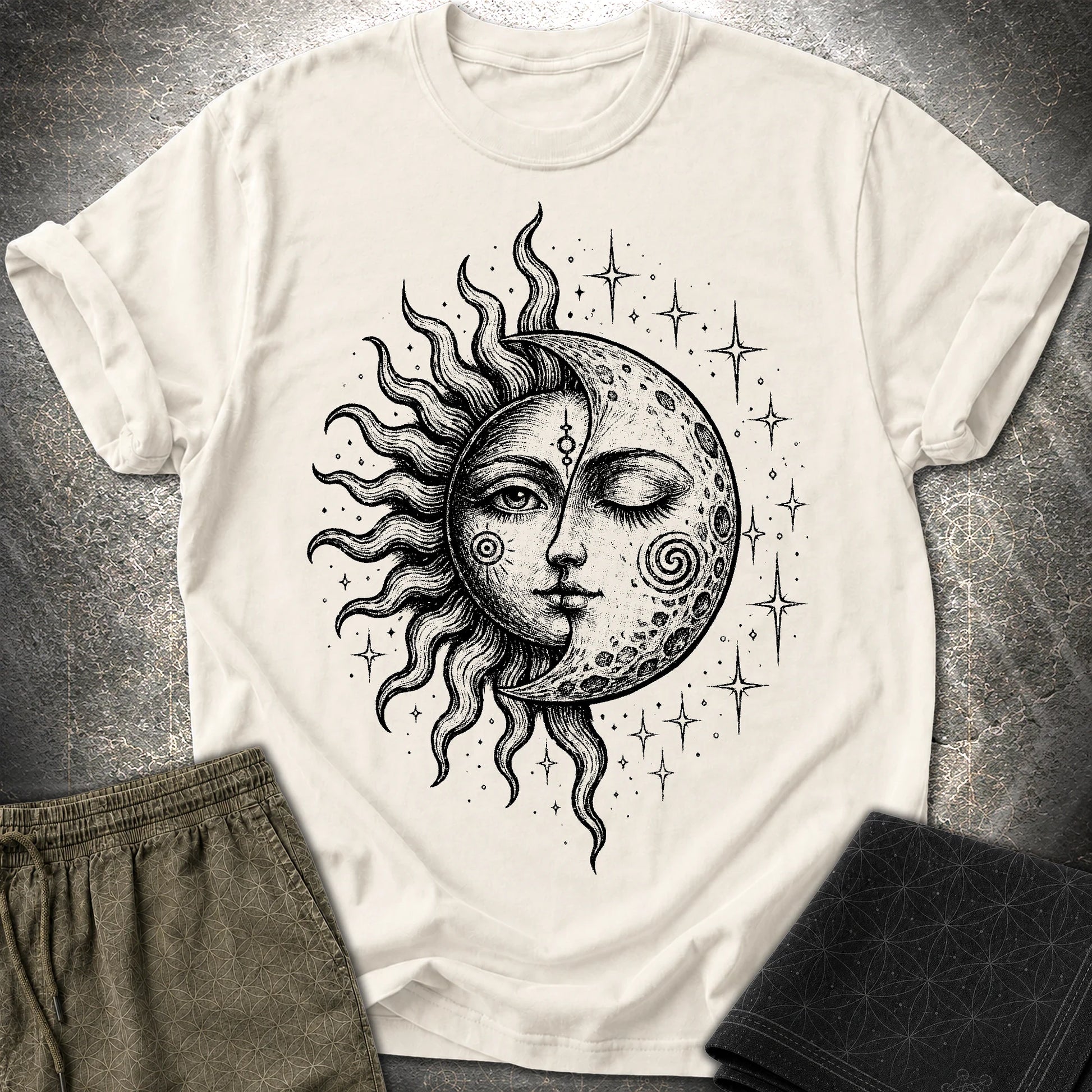 Celestial Sun Moon T-Shirt, Mystic Duality Shirt, Spiritual Cosmic Graphic Tee - Celestial Sun Moon T-Shirt, Mystic Duality Shirt, Spiritual Cosmic Graphic Tee - Natural