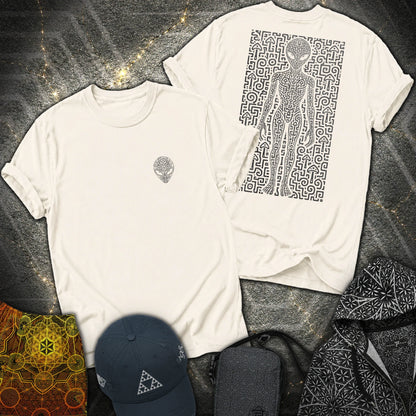Psychedelic Distressed Alien 2 Sided Comfort T-Shirt - Psychedelic Distressed Alien 2 Sided T-Shirt - Natural