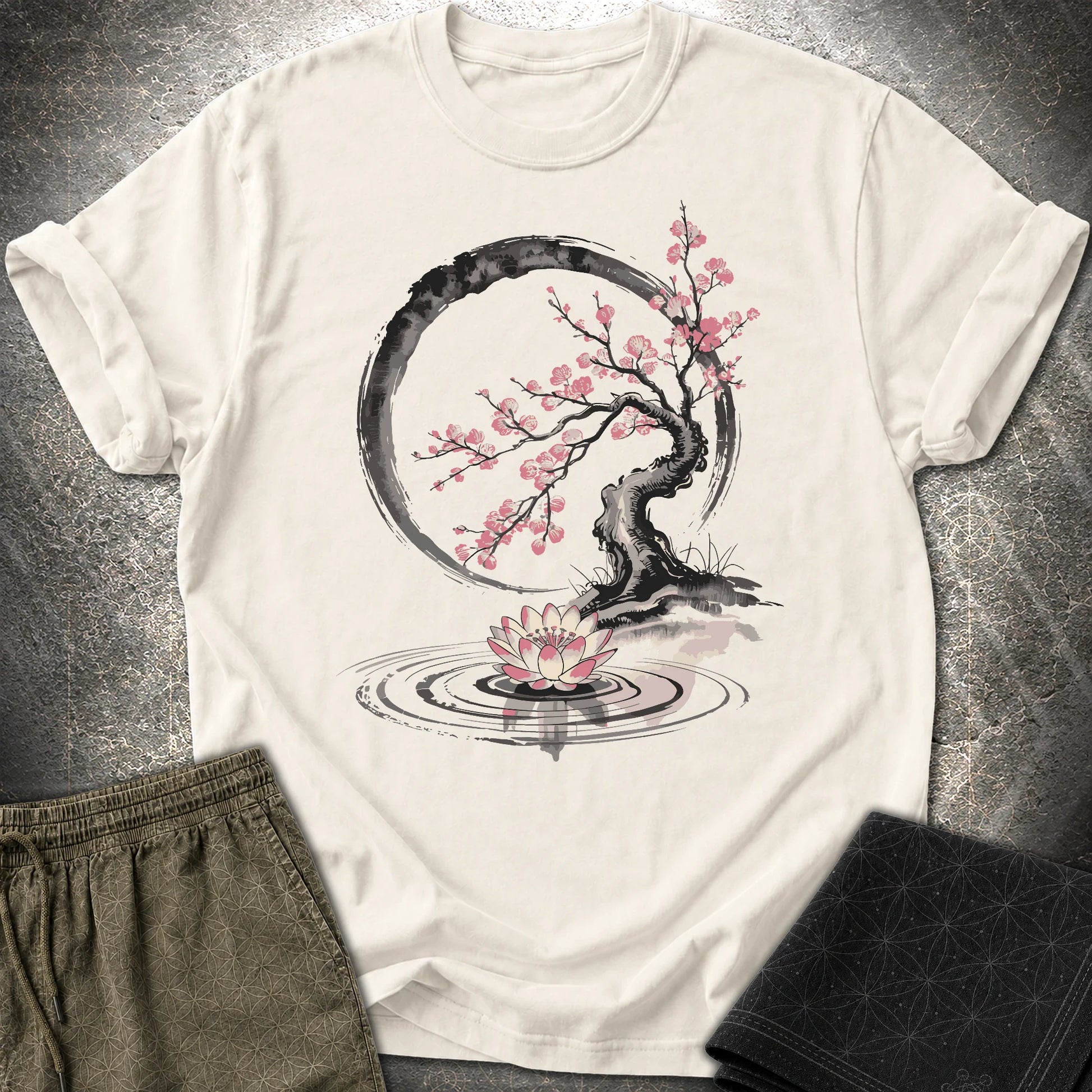Cherry Blossom Lotus Zen T-shirt - Cherry Blossom Lotus Zen T-shirt - Natural