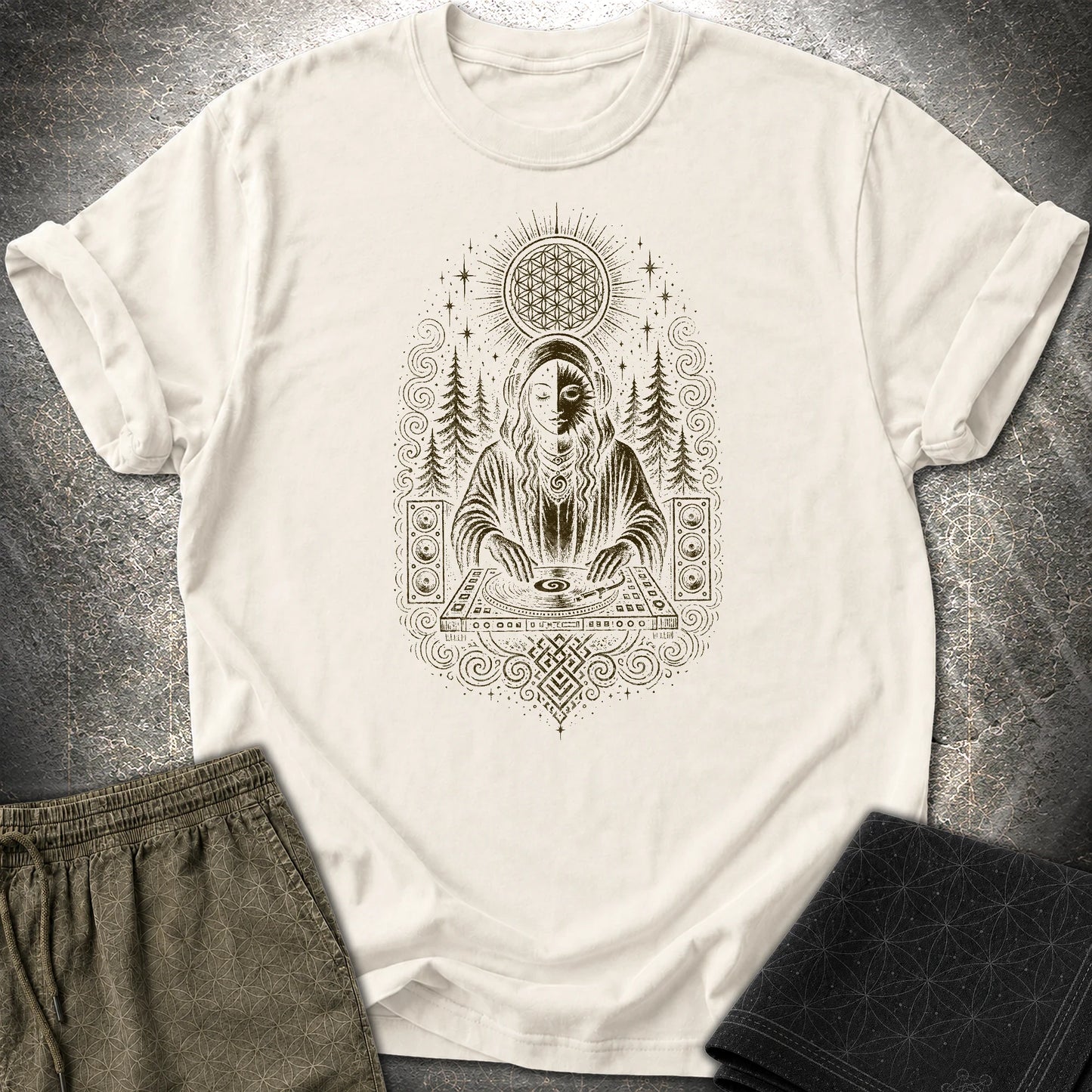Mystic DJ T-Shirt, Psychedelic Rave Goddess Shirt, Sacred Geometry Festival Graphic Tee - Mystic DJ T-Shirt, Psychedelic Rave Goddess Shirt, Sacred Geometry Festival Graphic Tee - Natural