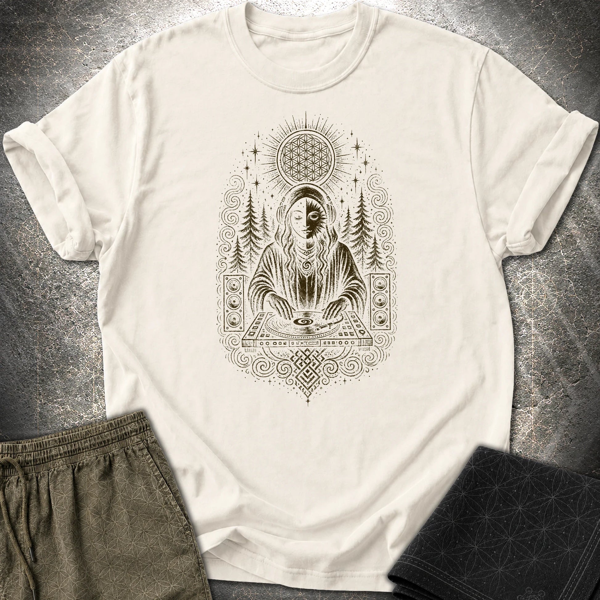 Mystic DJ T-Shirt, Psychedelic Rave Goddess Shirt, Sacred Geometry Festival Graphic Tee - Mystic DJ T-Shirt, Psychedelic Rave Goddess Shirt, Sacred Geometry Festival Graphic Tee - Natural