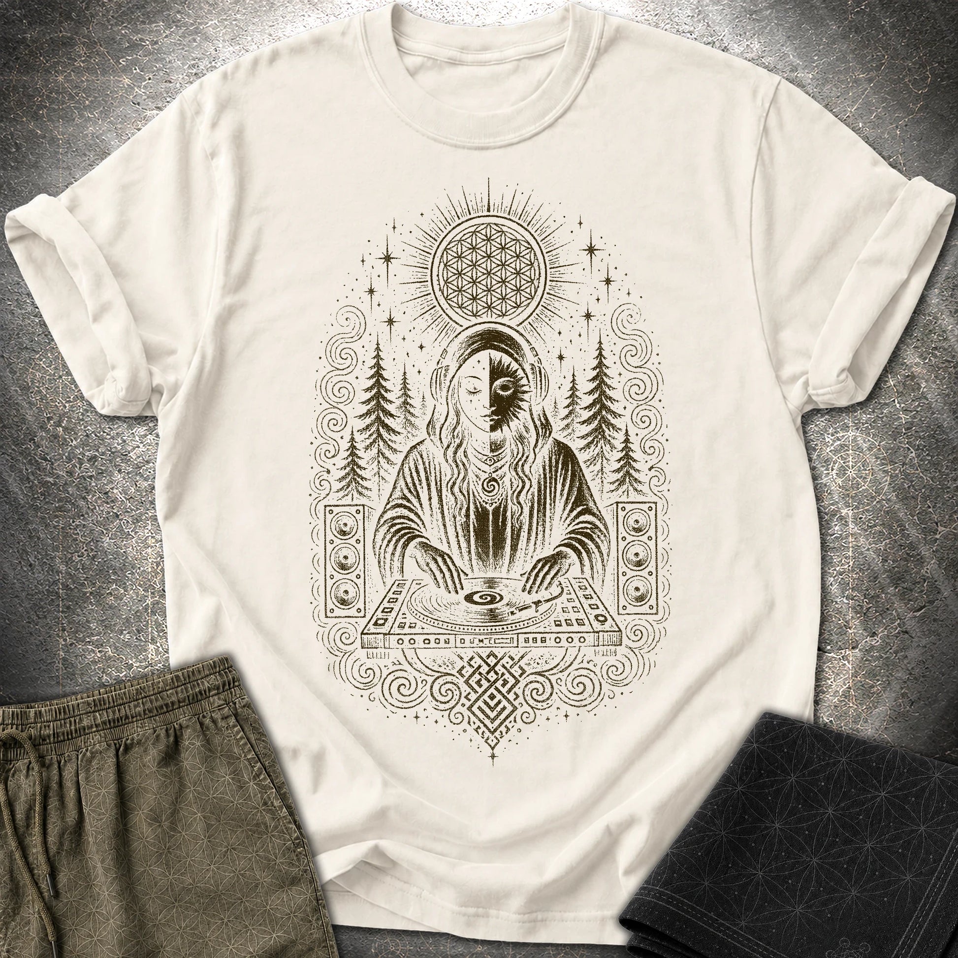 Mystic DJ T-Shirt, Psychedelic Rave Goddess Shirt, Sacred Geometry Festival Graphic Tee - Mystic DJ T-Shirt, Psychedelic Rave Goddess Shirt, Sacred Geometry Festival Graphic Tee - Natural