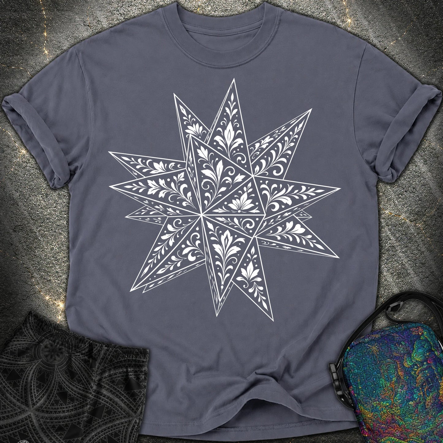 White Floral Stellated Dodecahedron - White Floral Stellated Dodecahedron Comfort T-Shirt - Navy